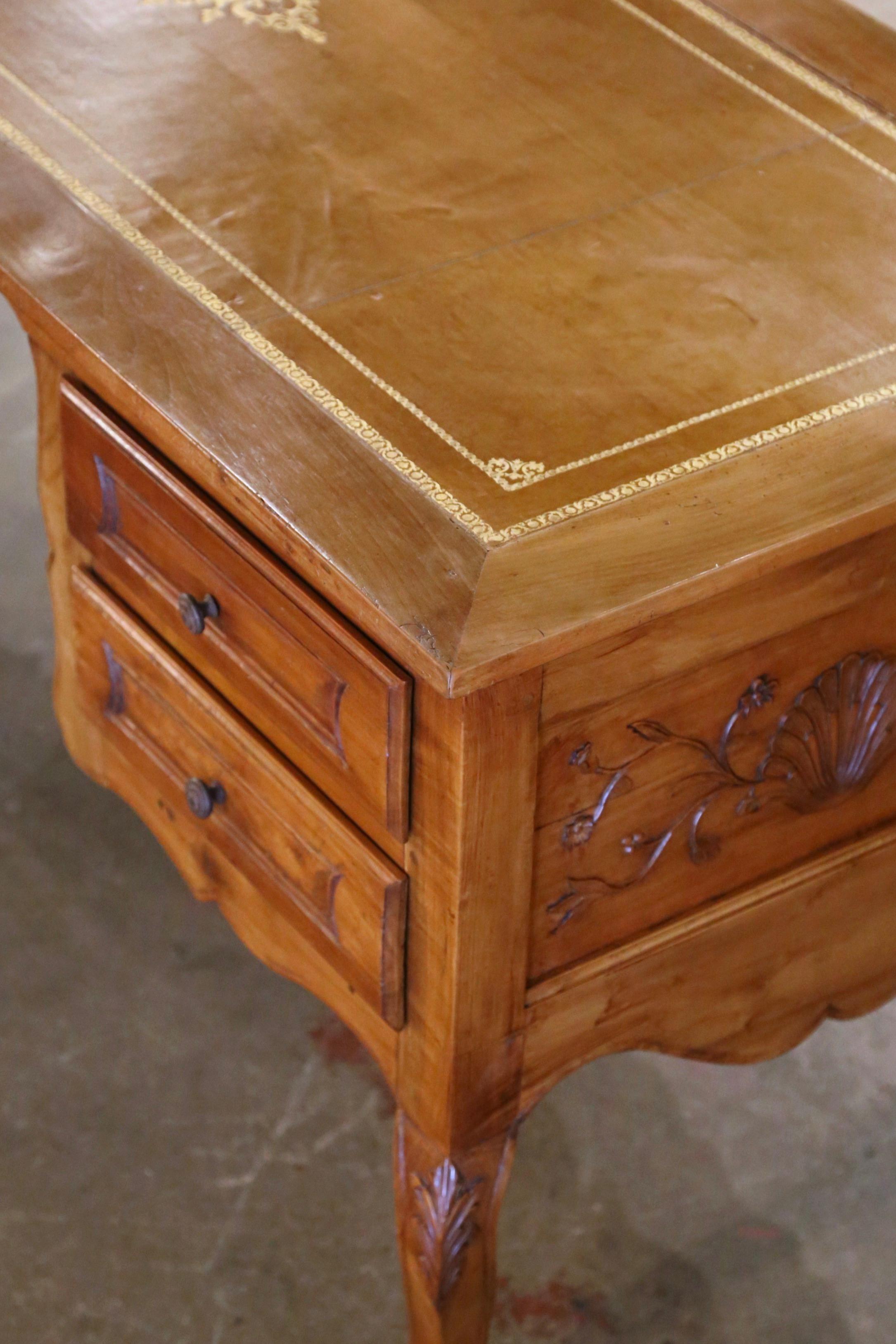 19th Century French Louis XV Carved Cherry Desk with Tan Leather Top For Sale 4