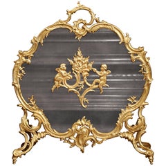 Antique 19th Century French Louis XV Carved Gilt Bronze Fireplace Screen with Cherubs