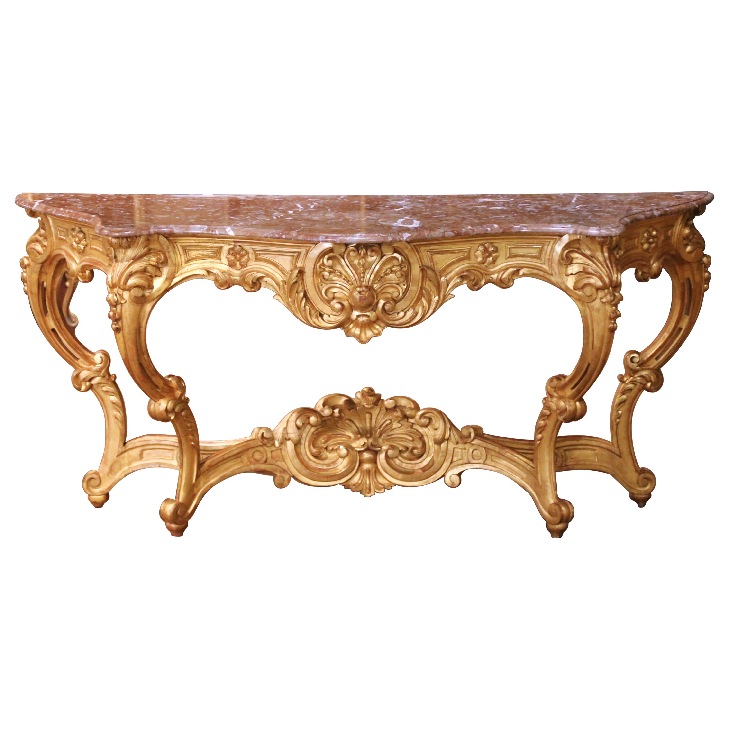 19th Century French Louis XV Carved Giltwood Console Table with Marble Top