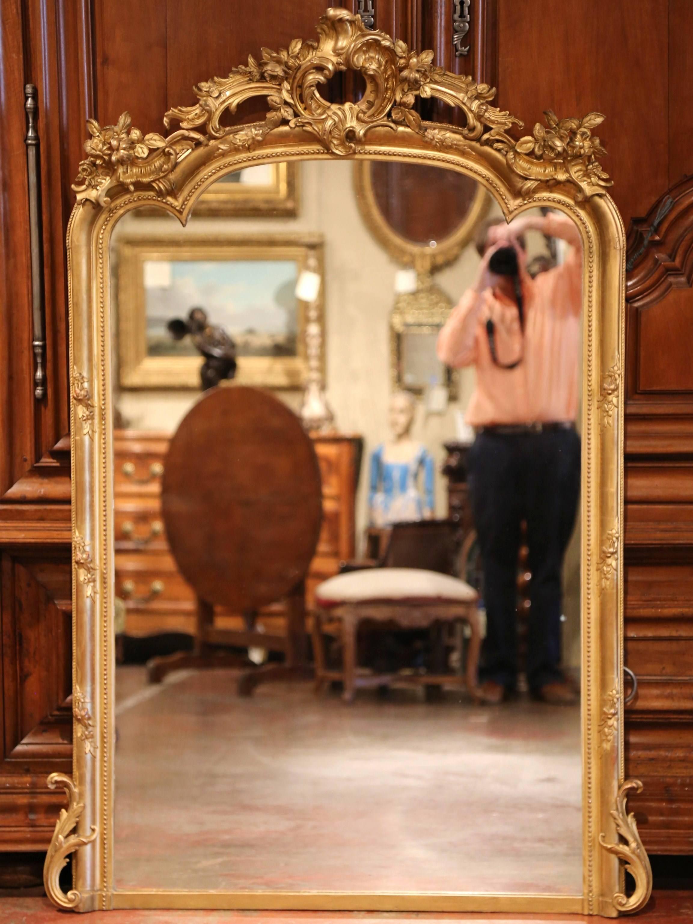 19th Century French Louis XV Carved Giltwood Mantel Fireplace Mirror In Excellent Condition In Dallas, TX
