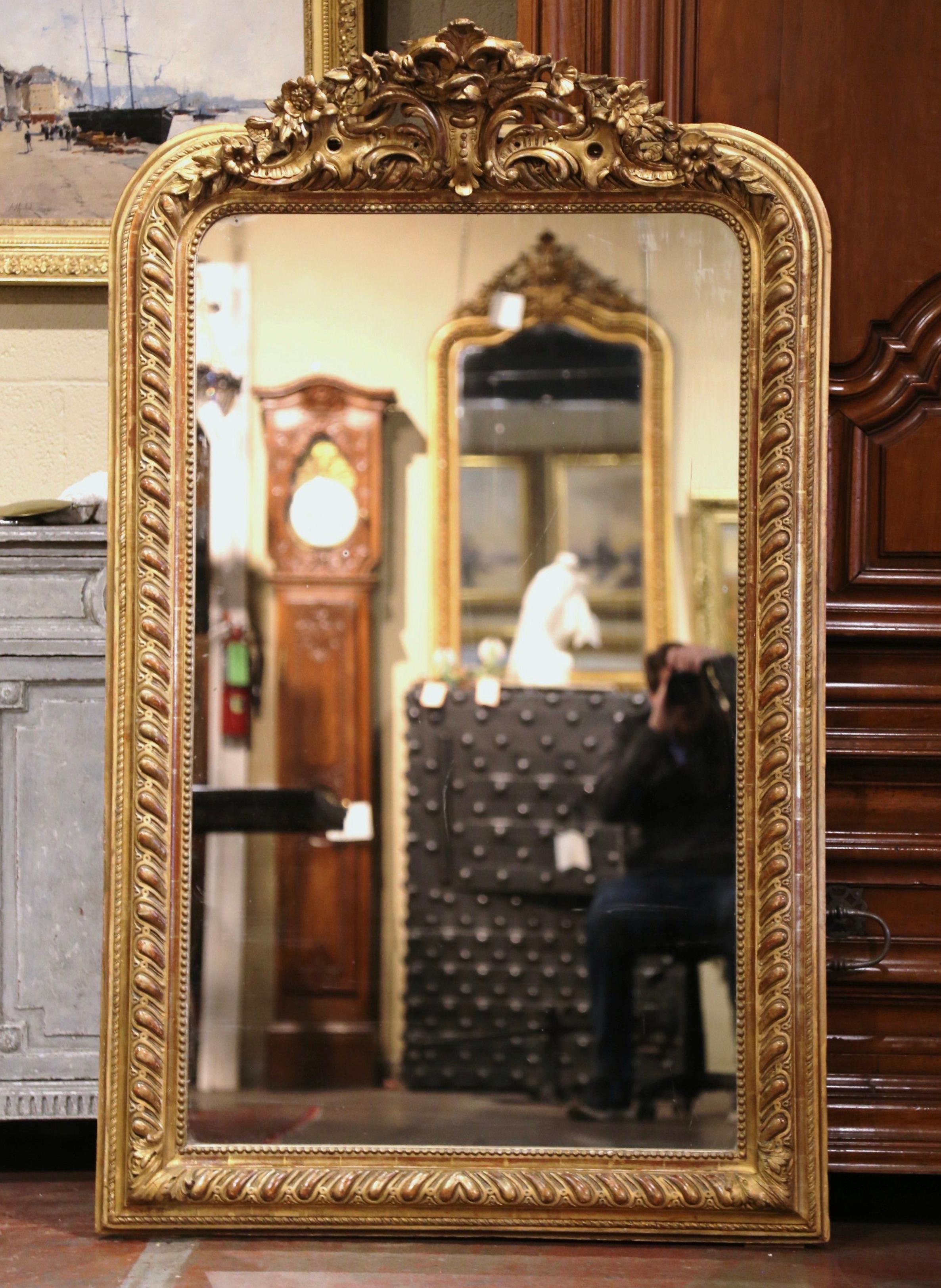 Mercury Glass 19th Century French Louis XV Carved Giltwood Mirror with Floral and Leaf Motifs