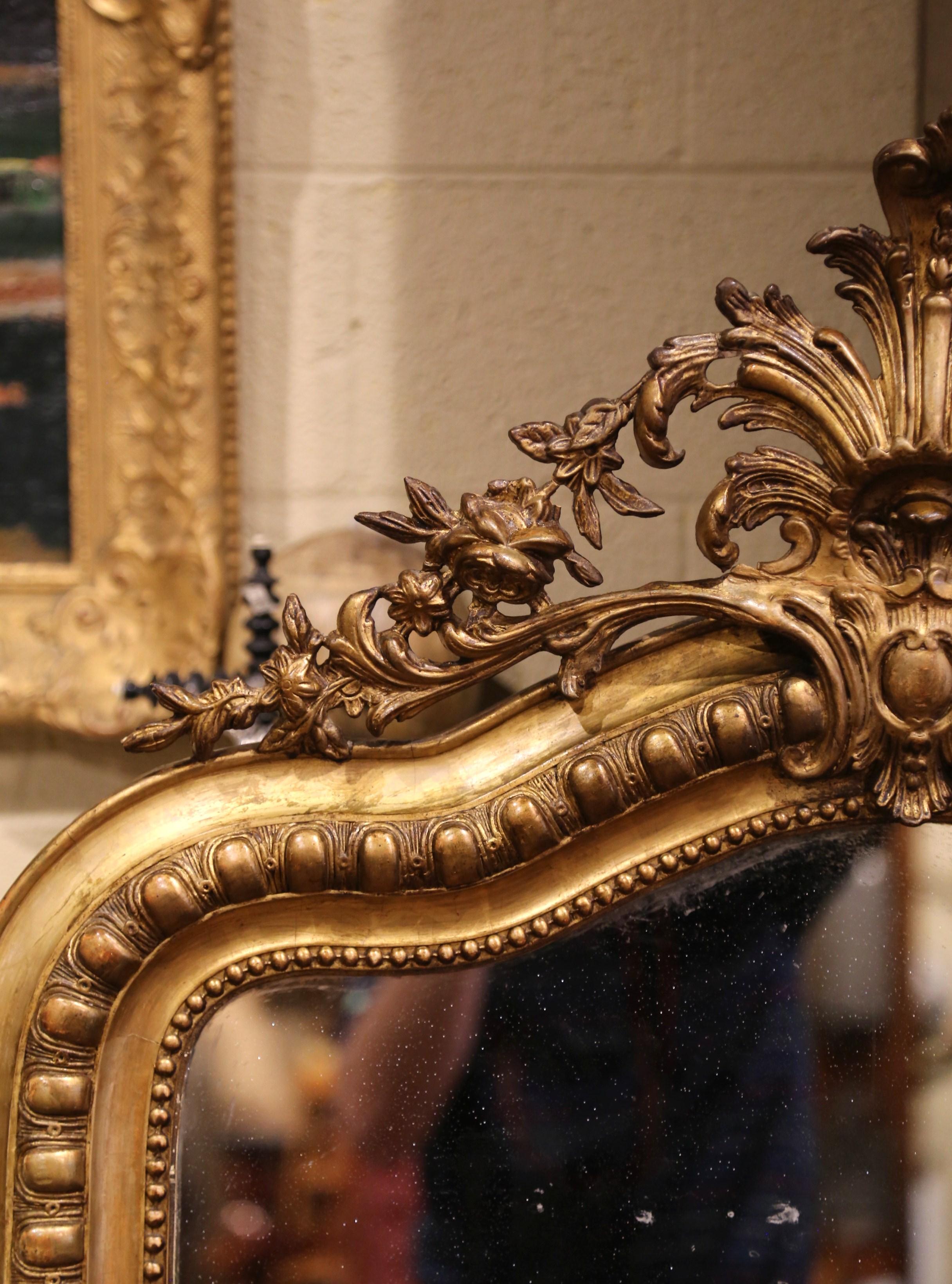 19th Century French Louis XV Carved Giltwood Mirror with Floral & Shell Motif 2