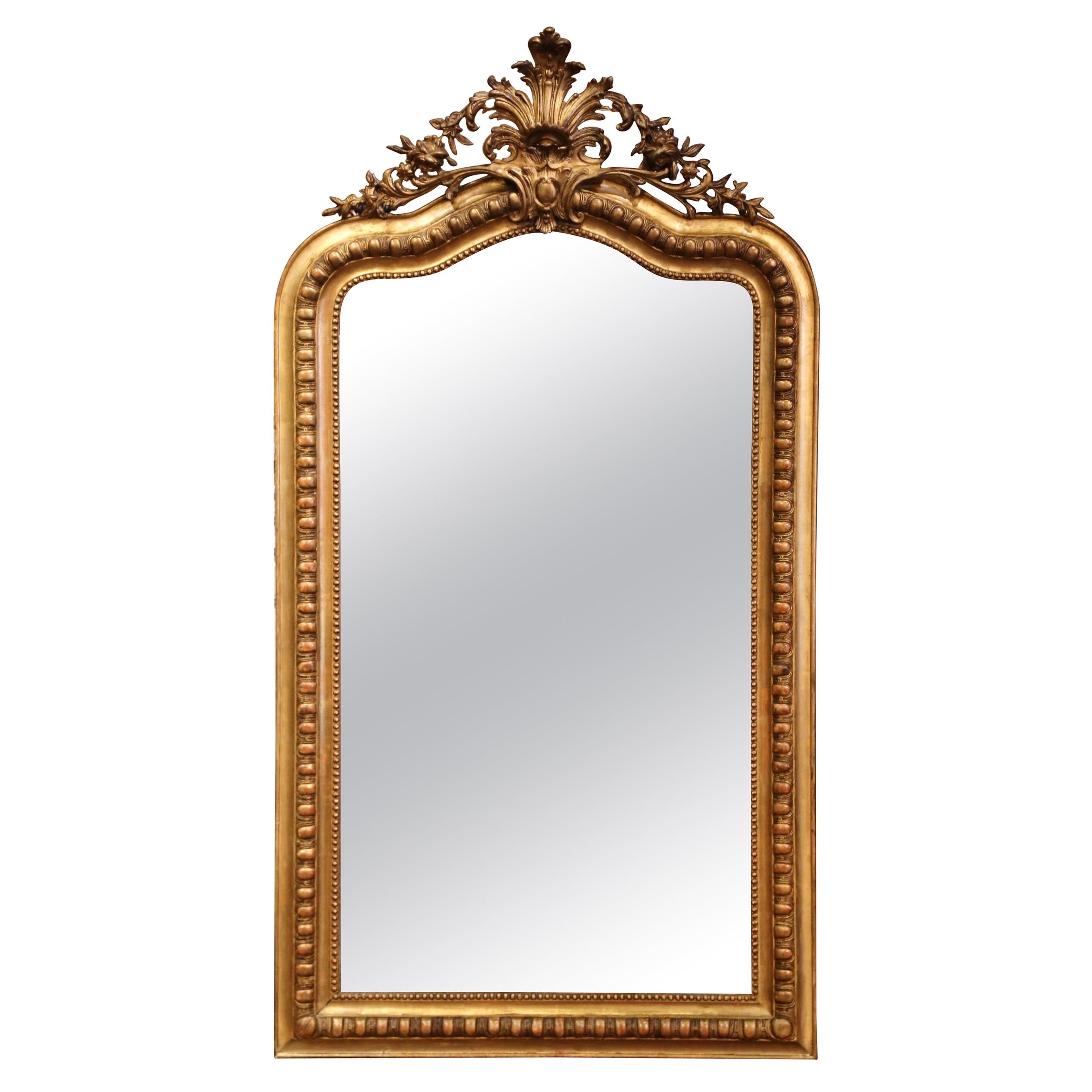 19th Century French Louis XV Carved Giltwood Mirror with Floral & Shell Motif