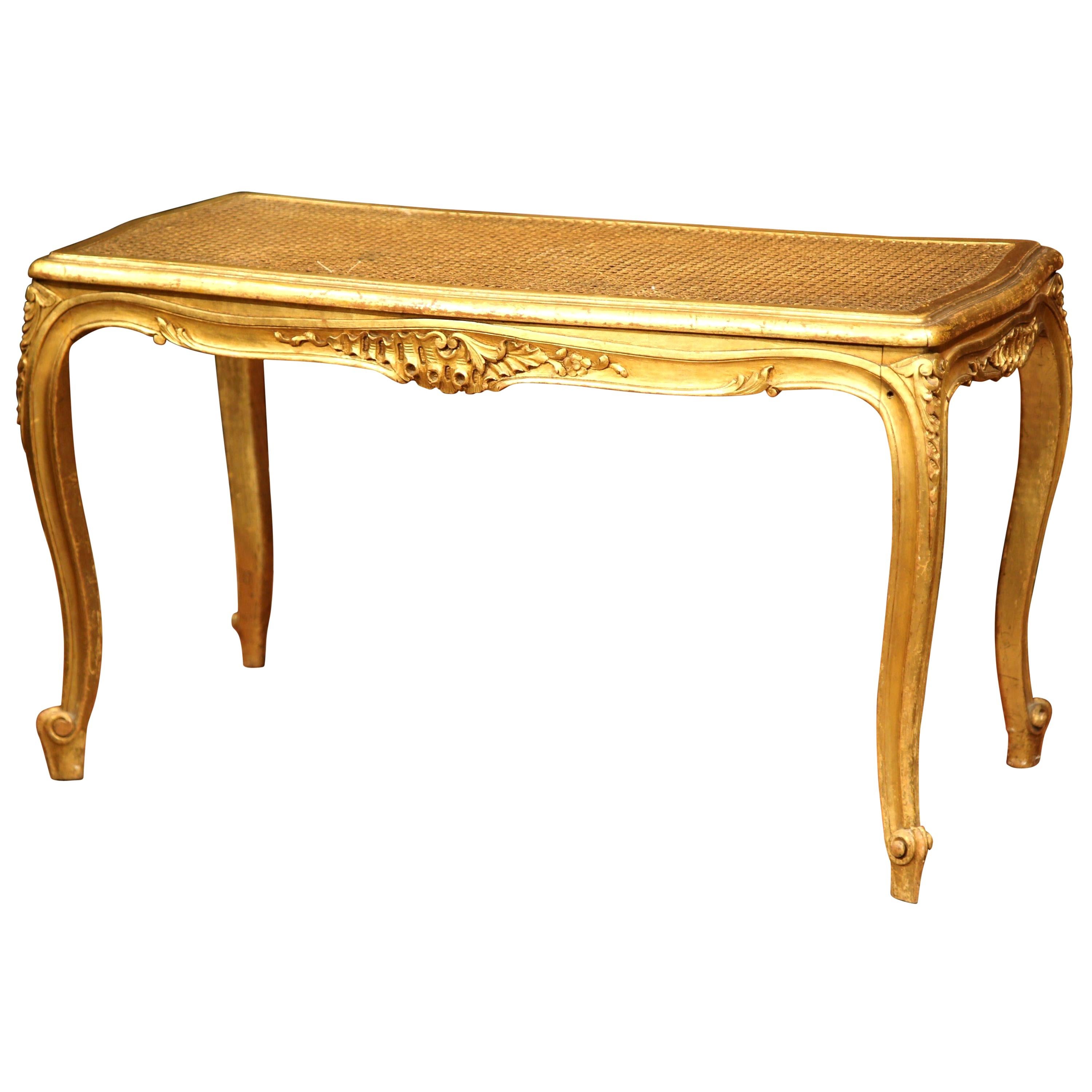 19th Century French Louis XV Carved Giltwood Piano Bench with Cane Seat