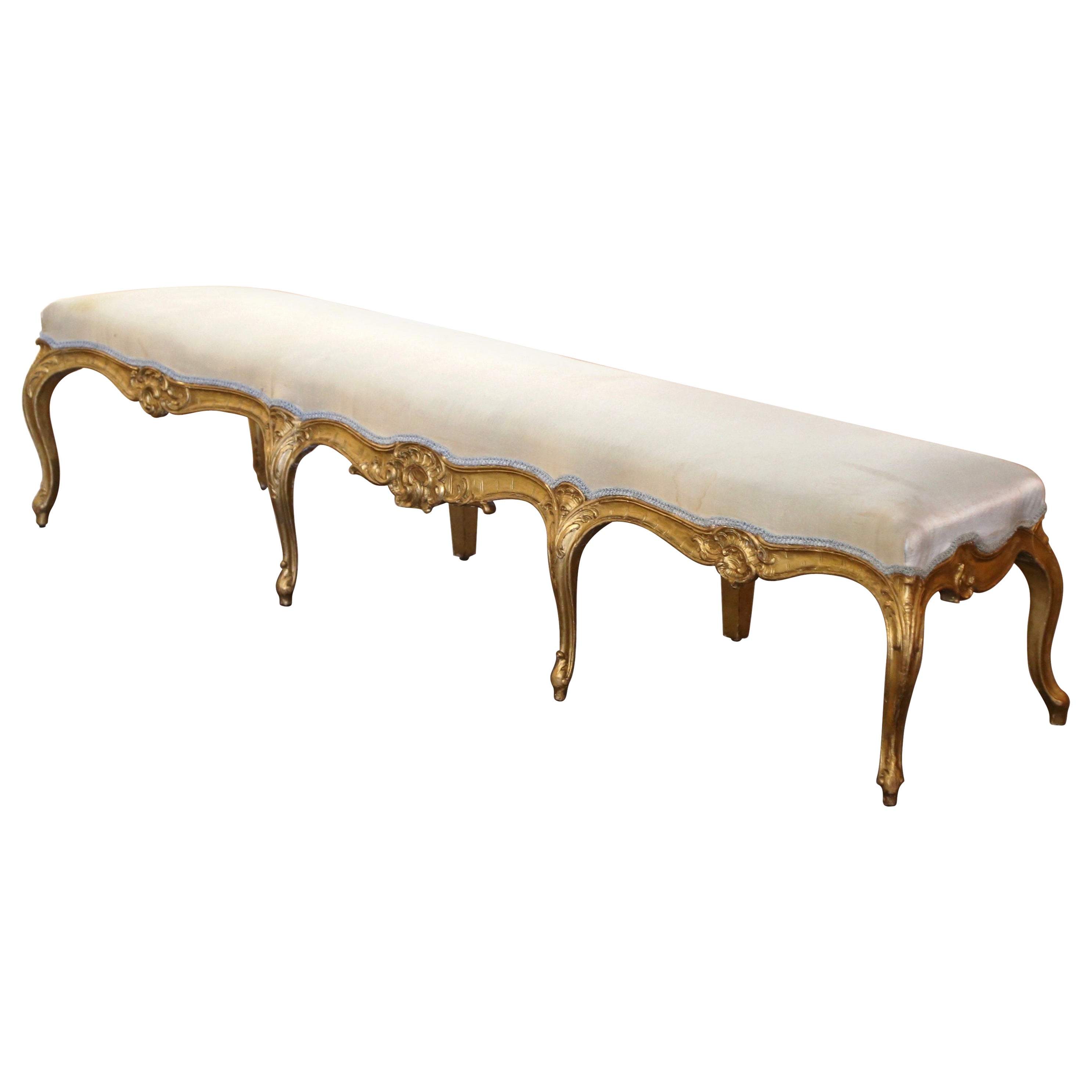 19th Century French Louis XV Carved Giltwood Upholstered Eight-Leg Bench