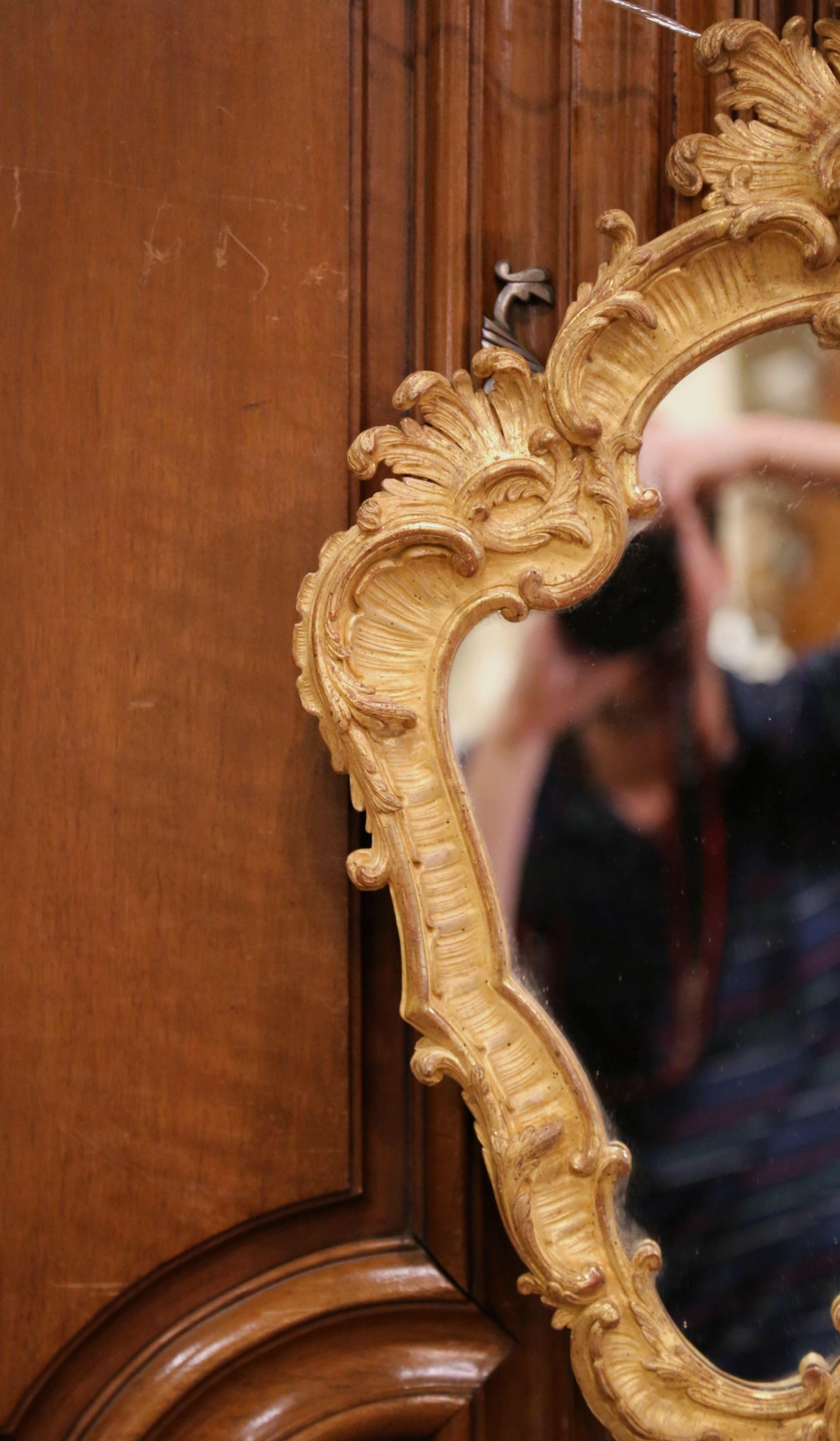 19th Century French Louis XV Carved Giltwood Wall Mirror In Excellent Condition In Dallas, TX