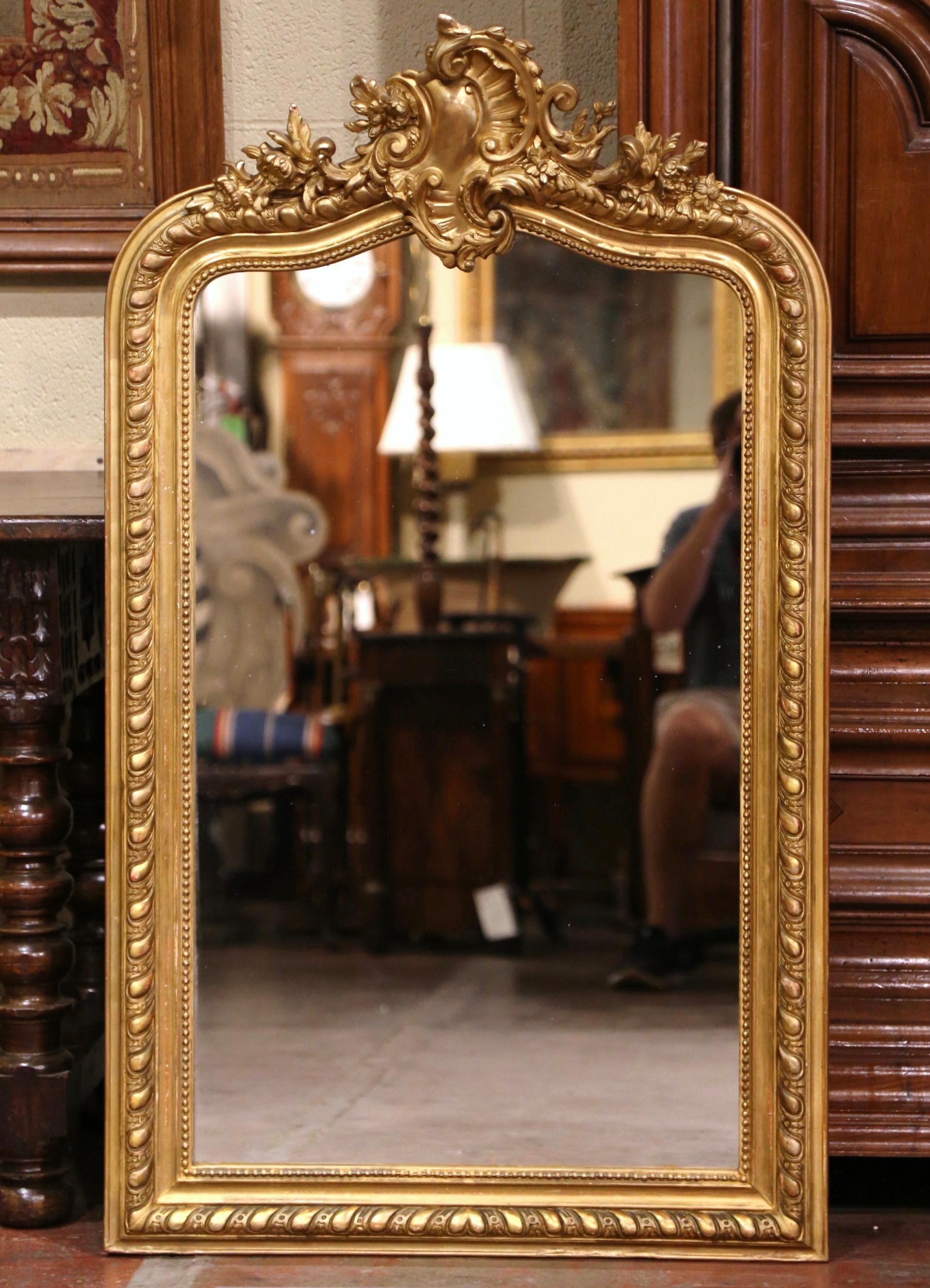 Mercury Glass 19th Century French Louis XV Carved Giltwood Wall Mirror with Shell Cartouche