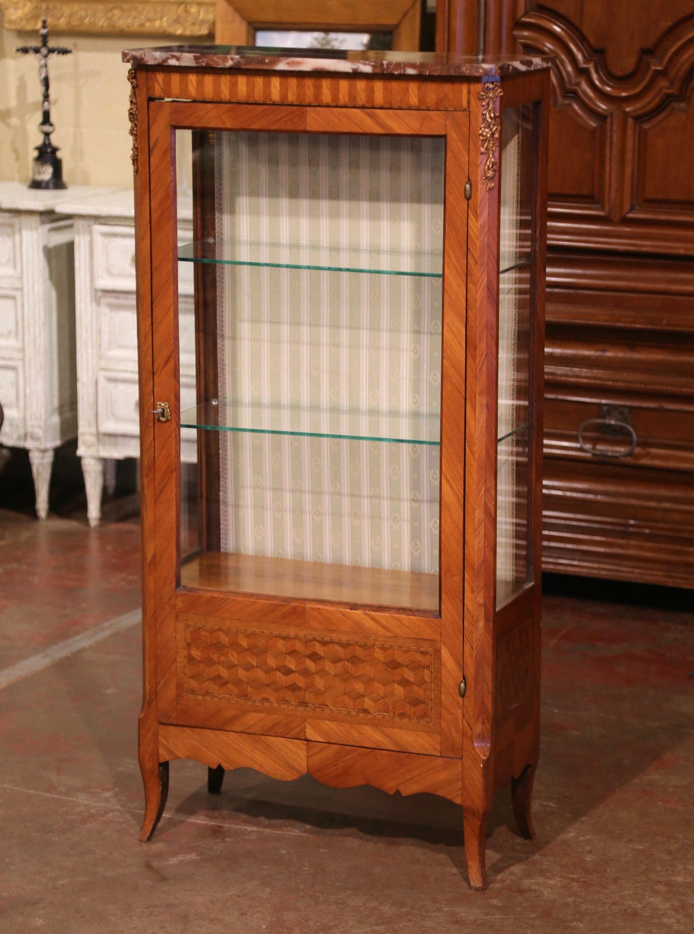 Glass 19th Century French Louis XV Carved Kingwood Parquetry Vitrine with Marble Top