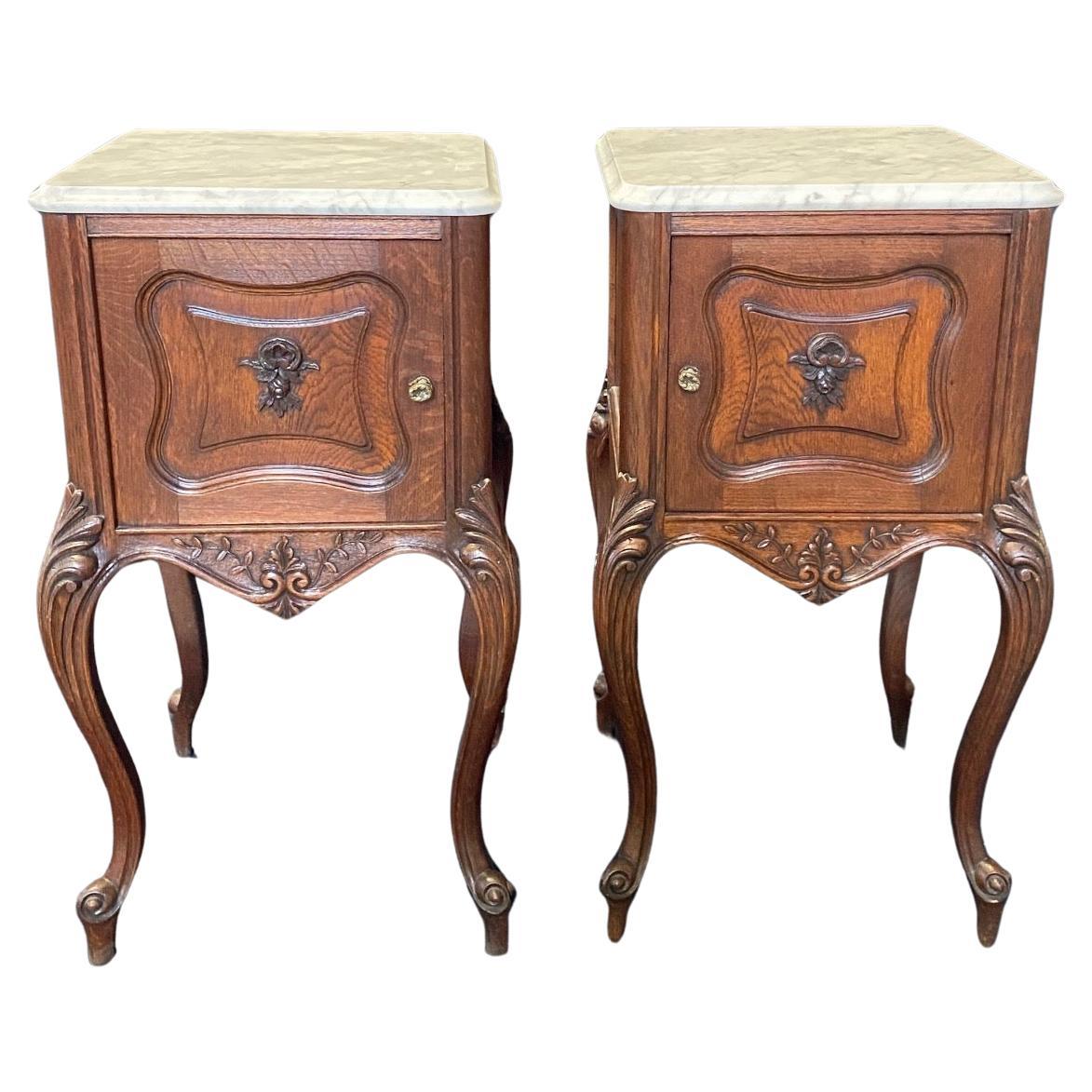 19th Century French Louis XV Carved Night Stands with Original Carrara Marble For Sale
