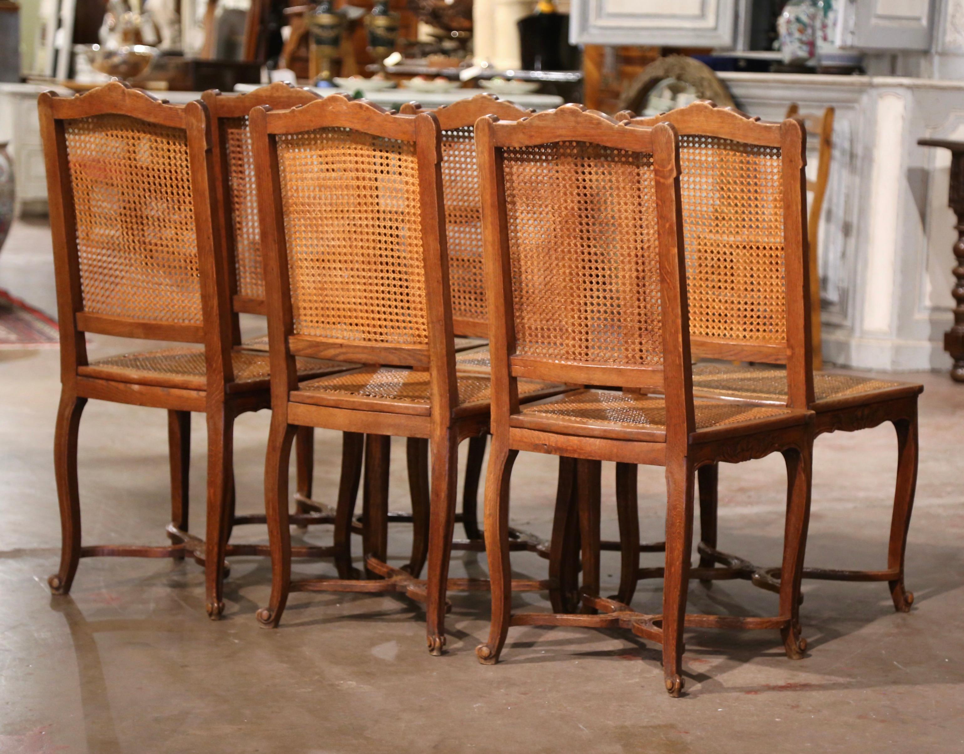 19th Century French Louis XV Carved Oak and Cane Side Chairs, Set of Six 6