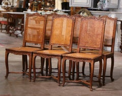19th Century French Louis XV Carved Oak and Cane Side Chairs, Set of Six