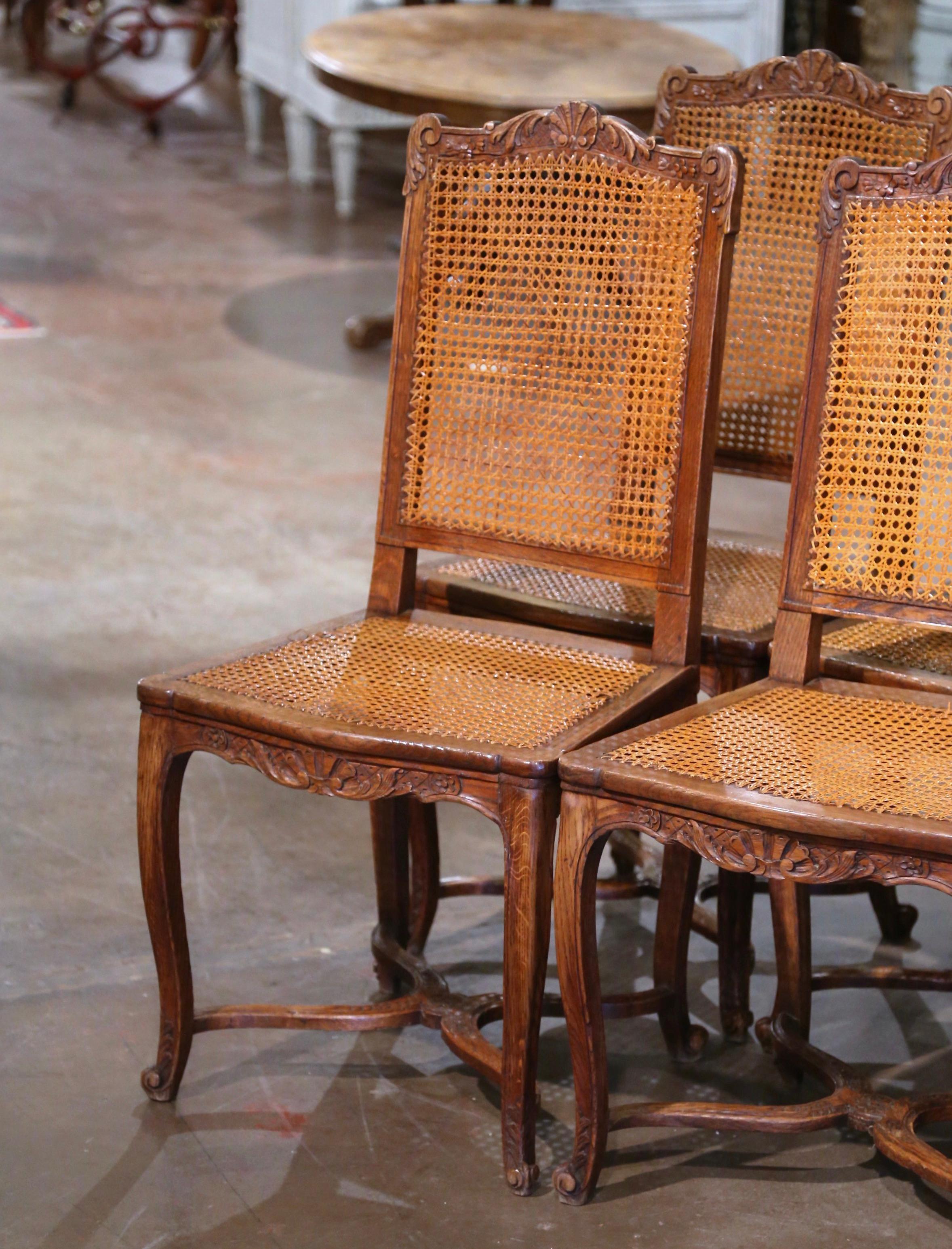 Hand-Carved 19th Century French Louis XV Carved Oak and Cane Side Chairs, Set of Six