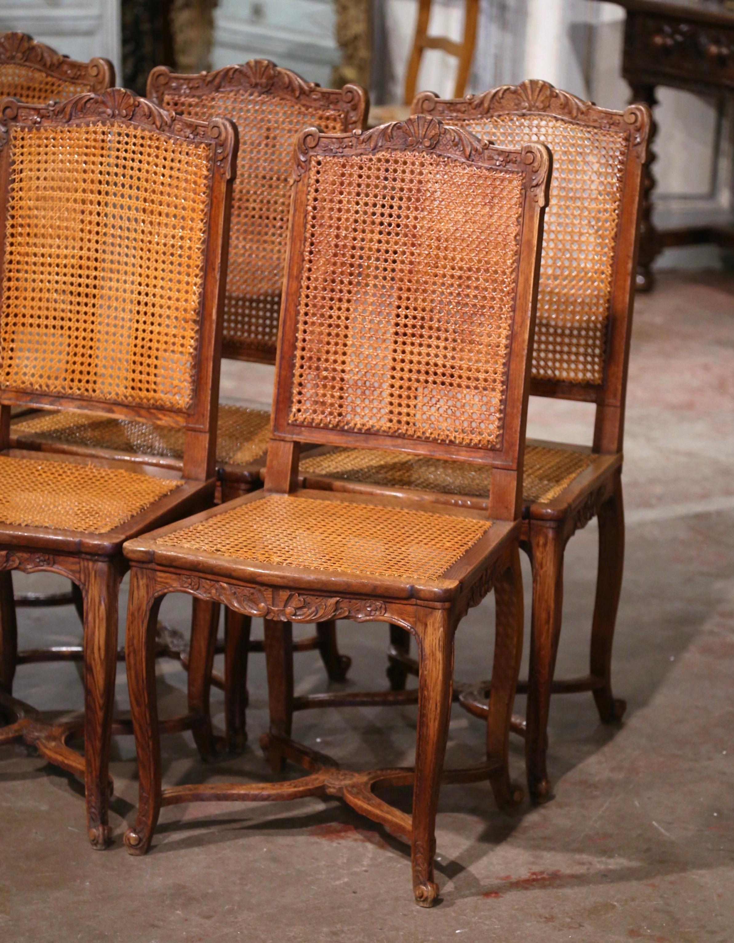19th Century French Louis XV Carved Oak and Cane Side Chairs, Set of Six In Excellent Condition In Dallas, TX