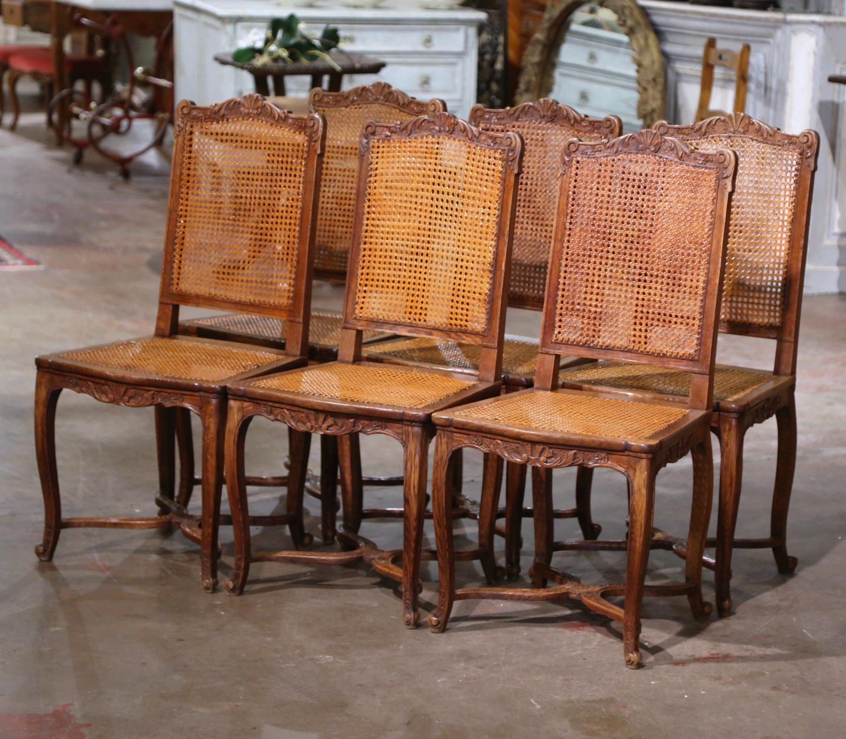 19th Century French Louis XV Carved Oak and Cane Side Chairs, Set of Six 1