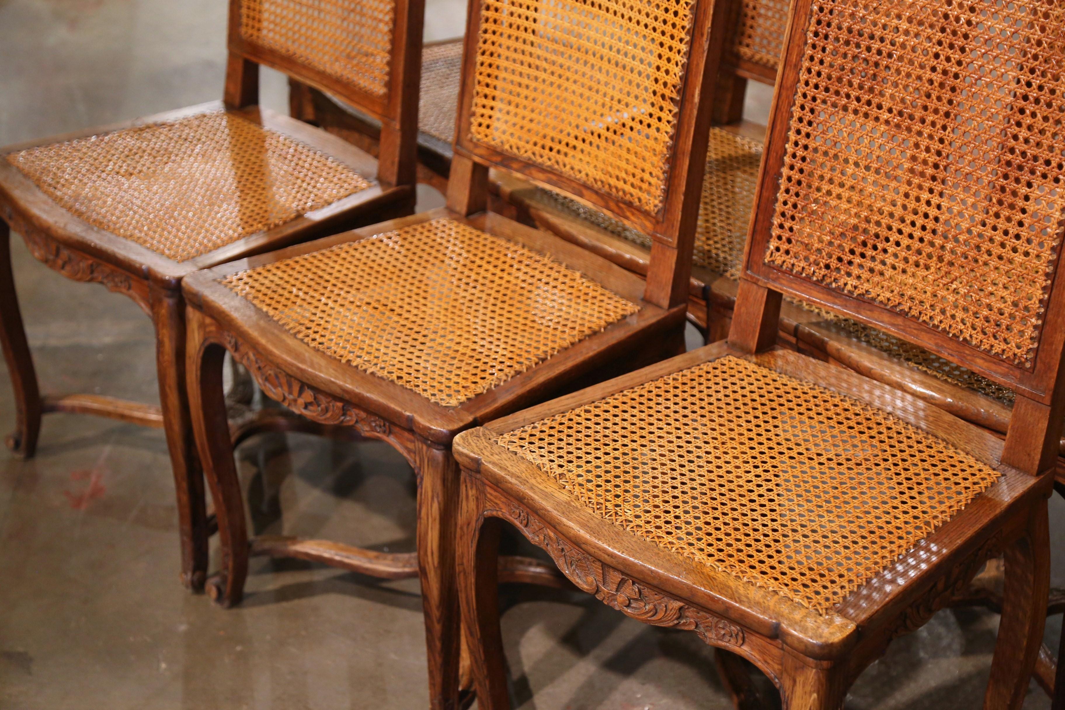 19th Century French Louis XV Carved Oak and Cane Side Chairs, Set of Six 5