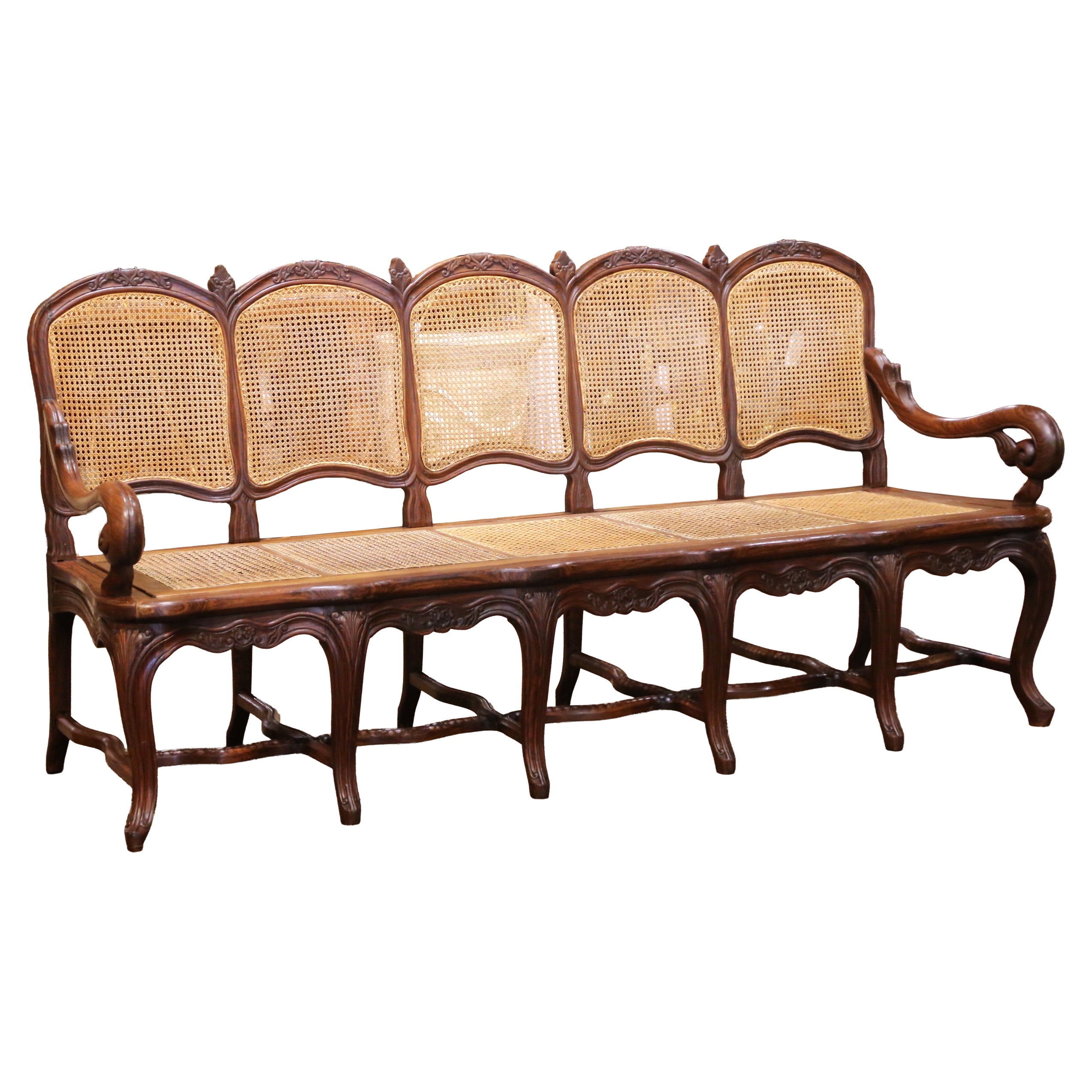 19th Century French Louis XV Carved Oak Five-Seat Caned Settee