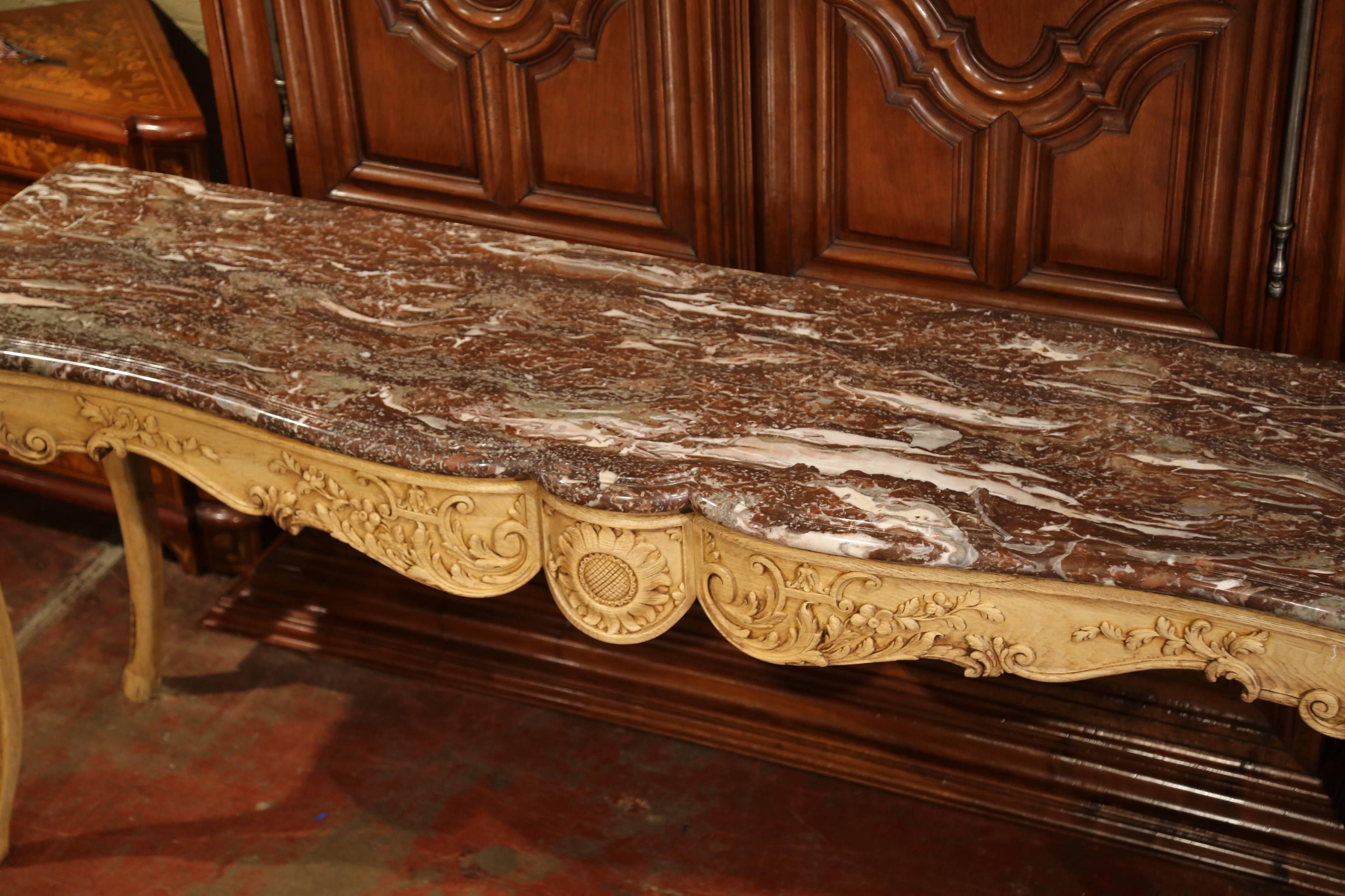 19th Century French Louis XV Carved Oak Serpentine Console Table with Marble Top In Excellent Condition In Dallas, TX