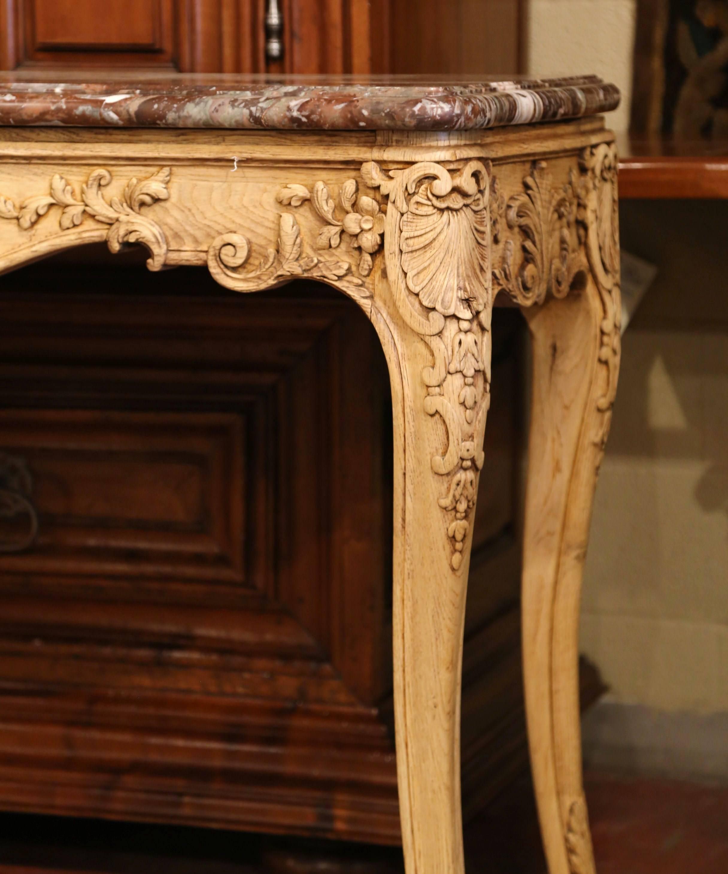 19th Century French Louis XV Carved Oak Serpentine Console Table with Marble Top 4