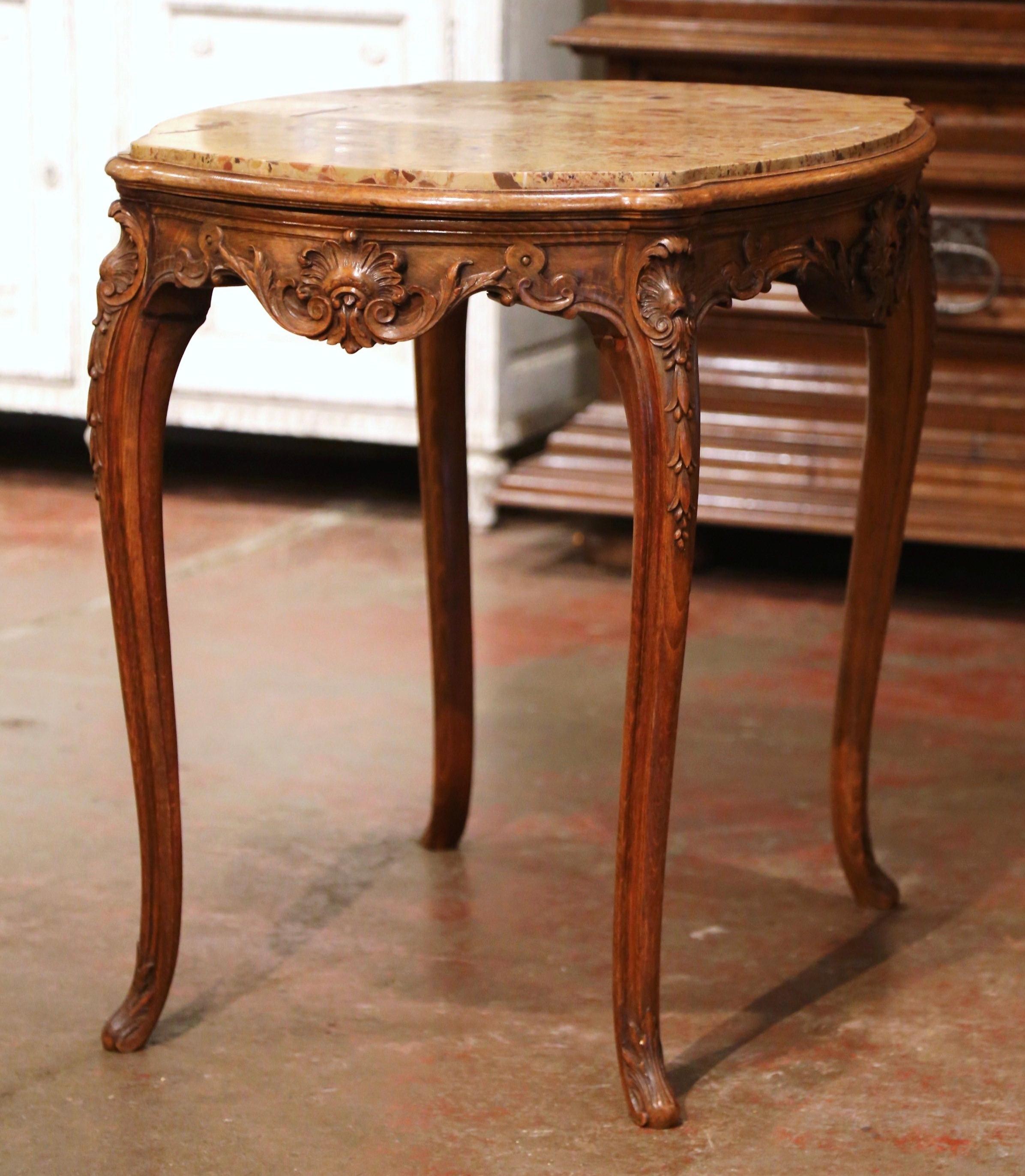 19th Century French Louis XV Carved Oak Side Table with Beige Marble Top 6