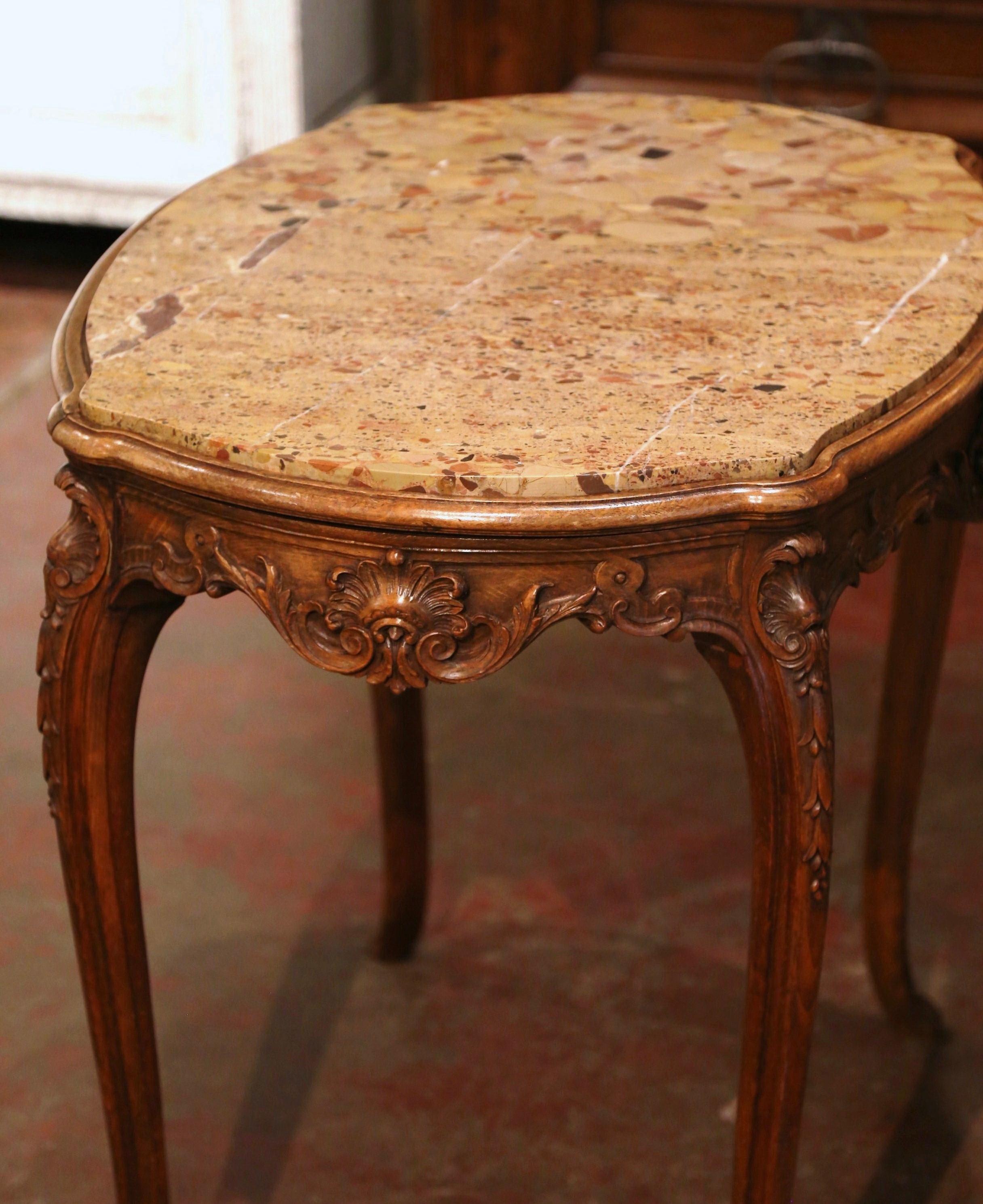 19th Century French Louis XV Carved Oak Side Table with Beige Marble Top 7