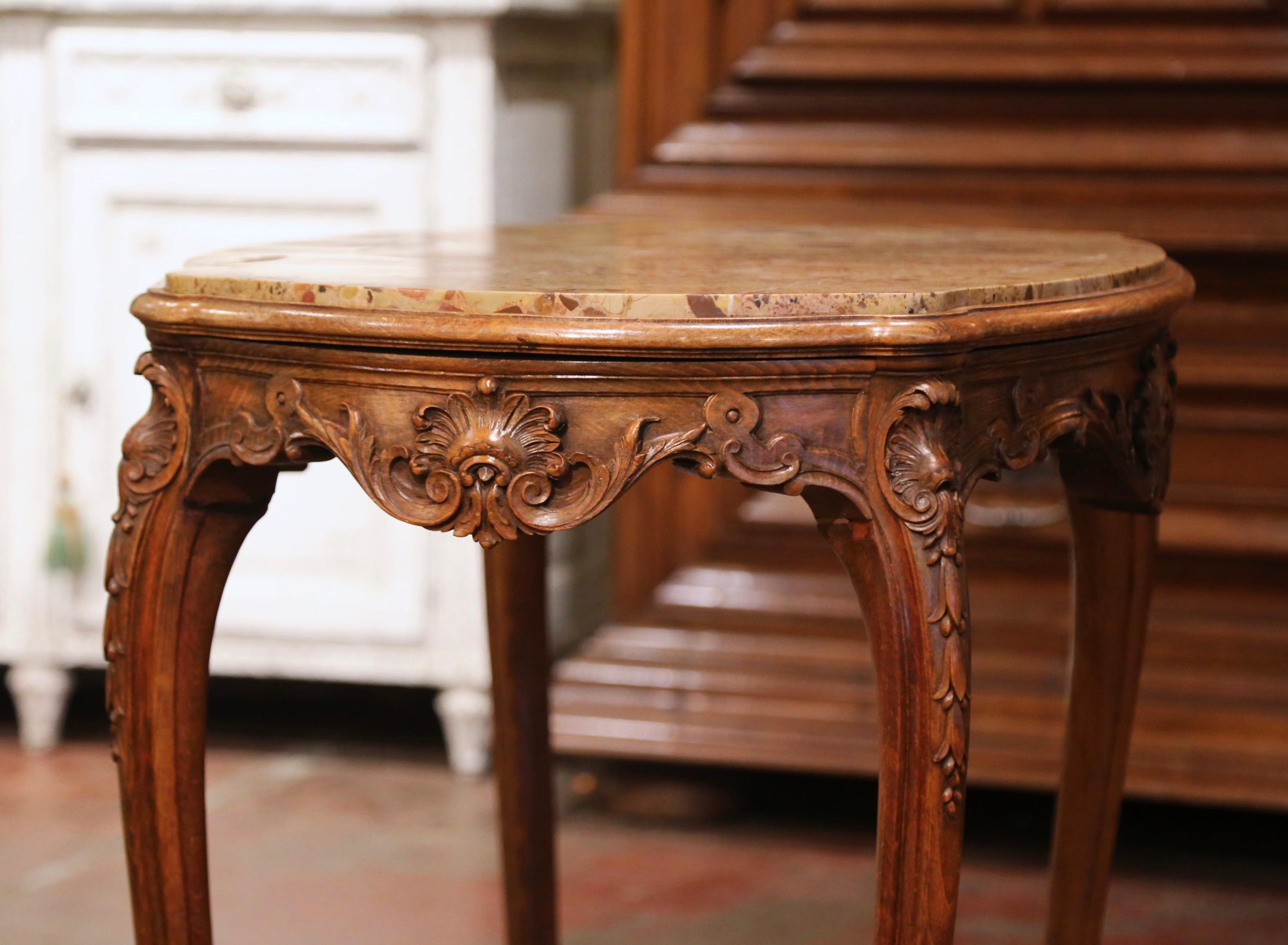 19th Century French Louis XV Carved Oak Side Table with Beige Marble Top 8