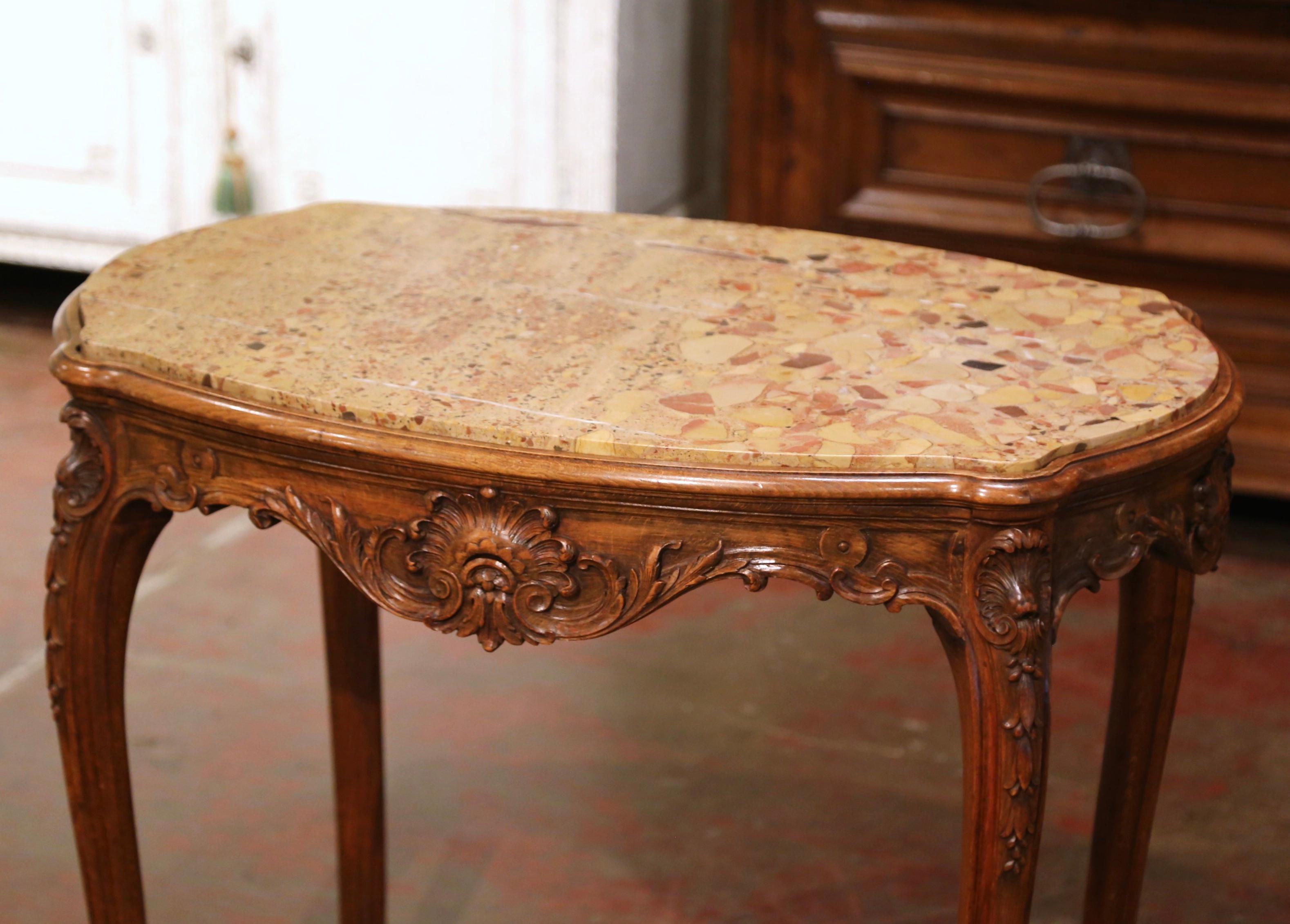 Hand-Carved 19th Century French Louis XV Carved Oak Side Table with Beige Marble Top