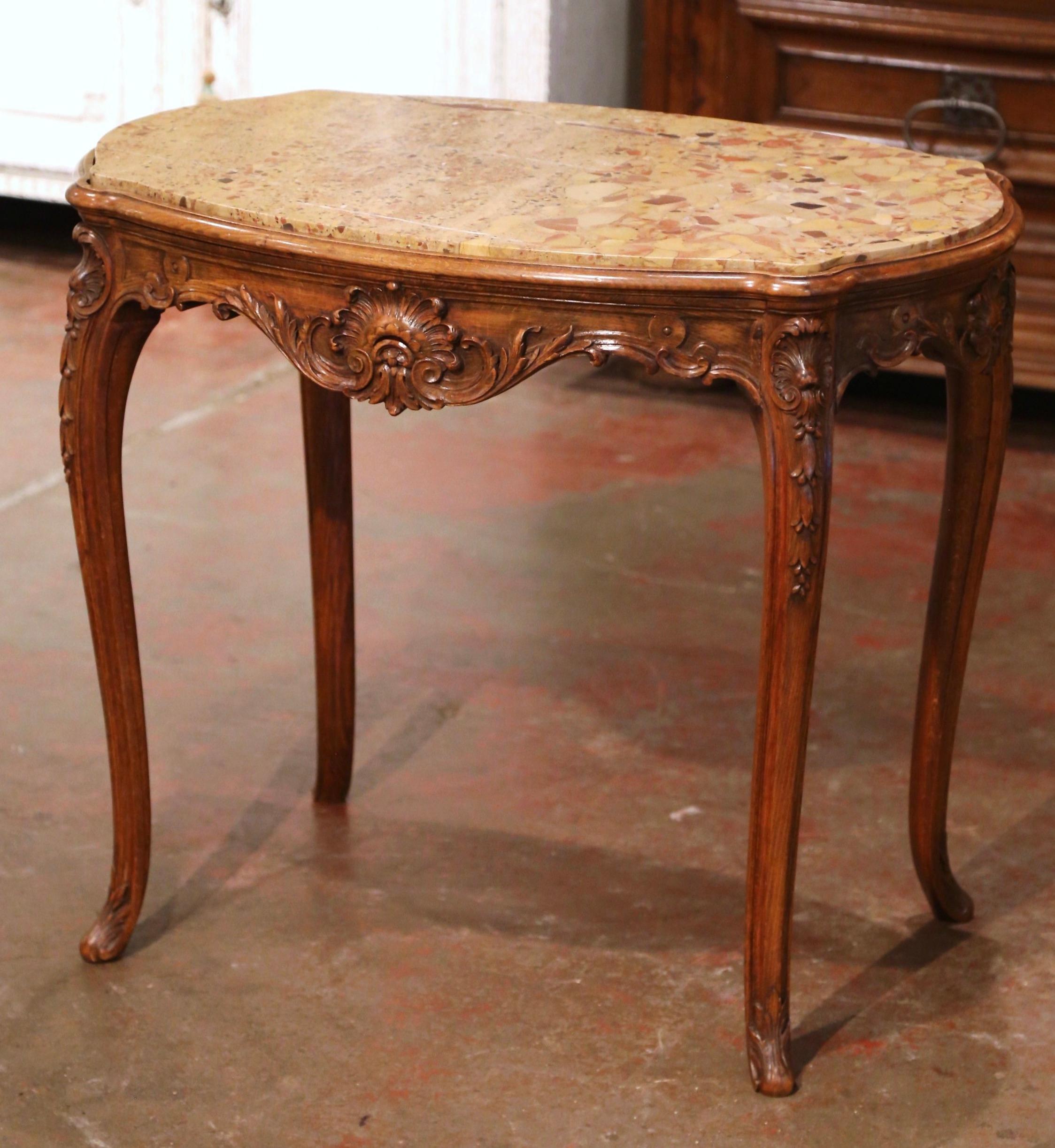 19th Century French Louis XV Carved Oak Side Table with Beige Marble Top In Excellent Condition In Dallas, TX