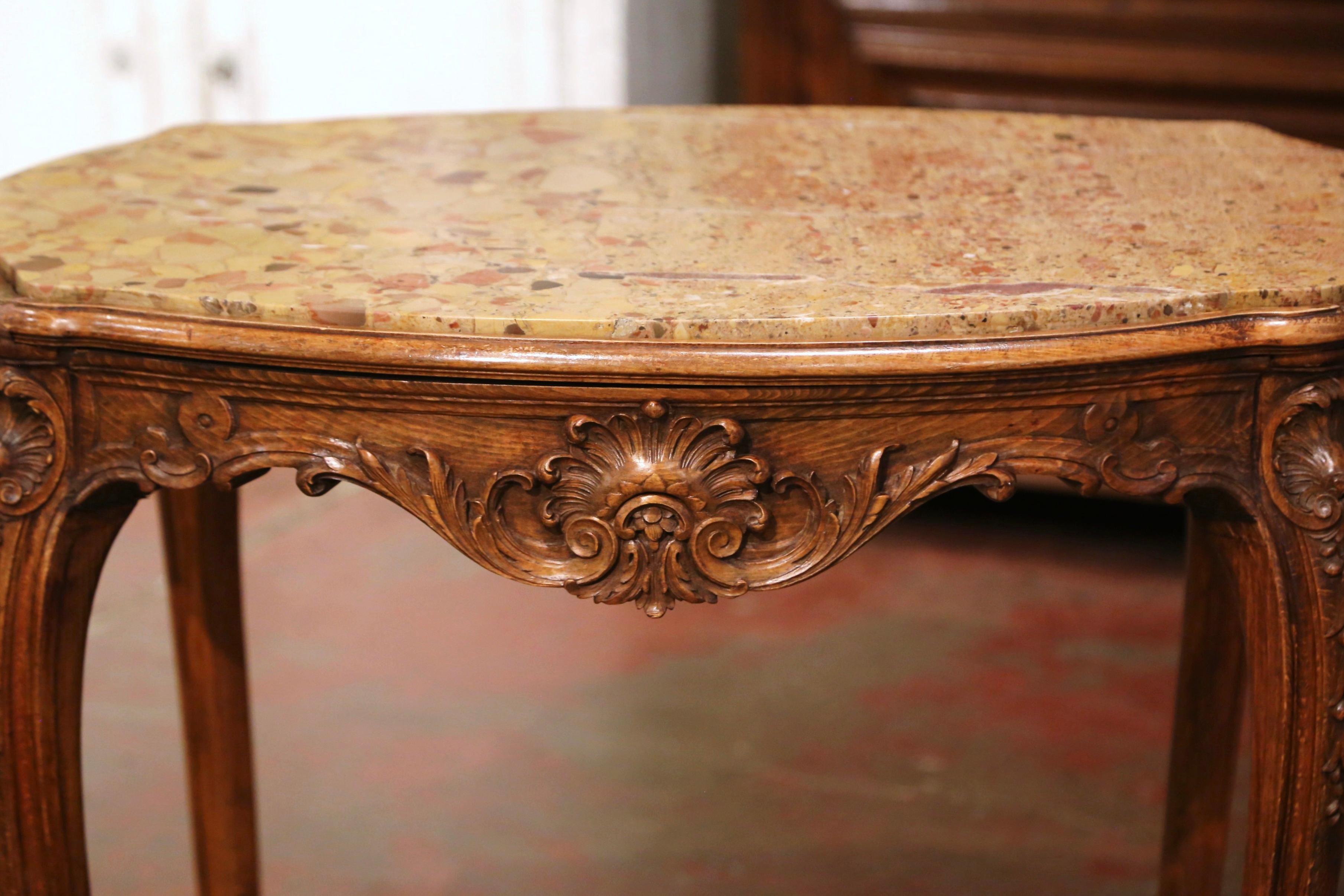 19th Century French Louis XV Carved Oak Side Table with Beige Marble Top 1