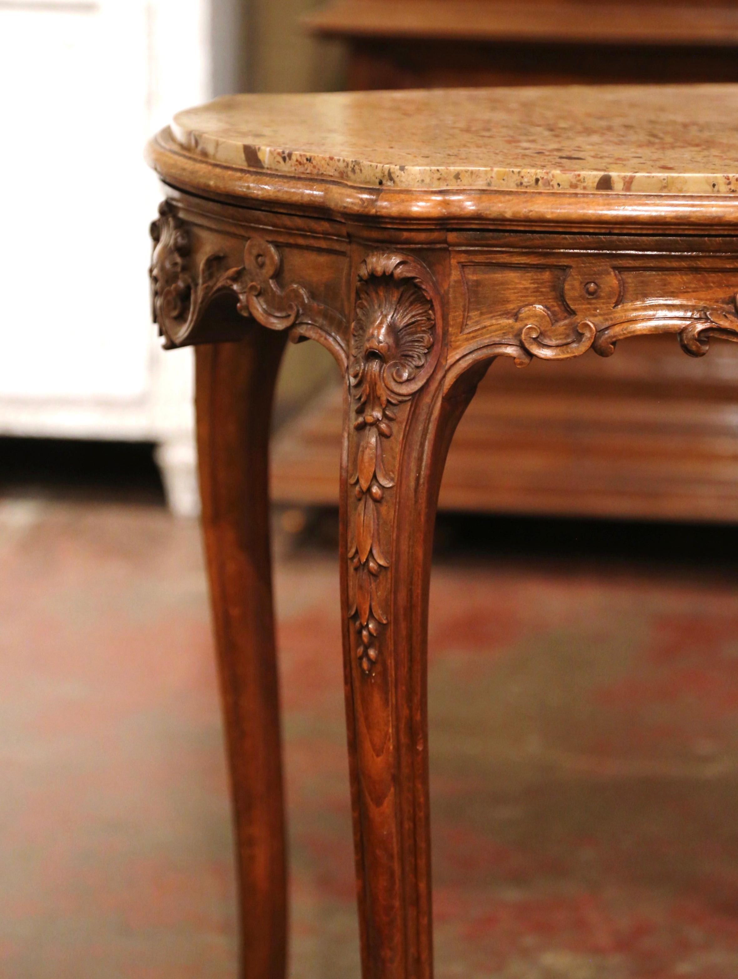 19th Century French Louis XV Carved Oak Side Table with Beige Marble Top 5