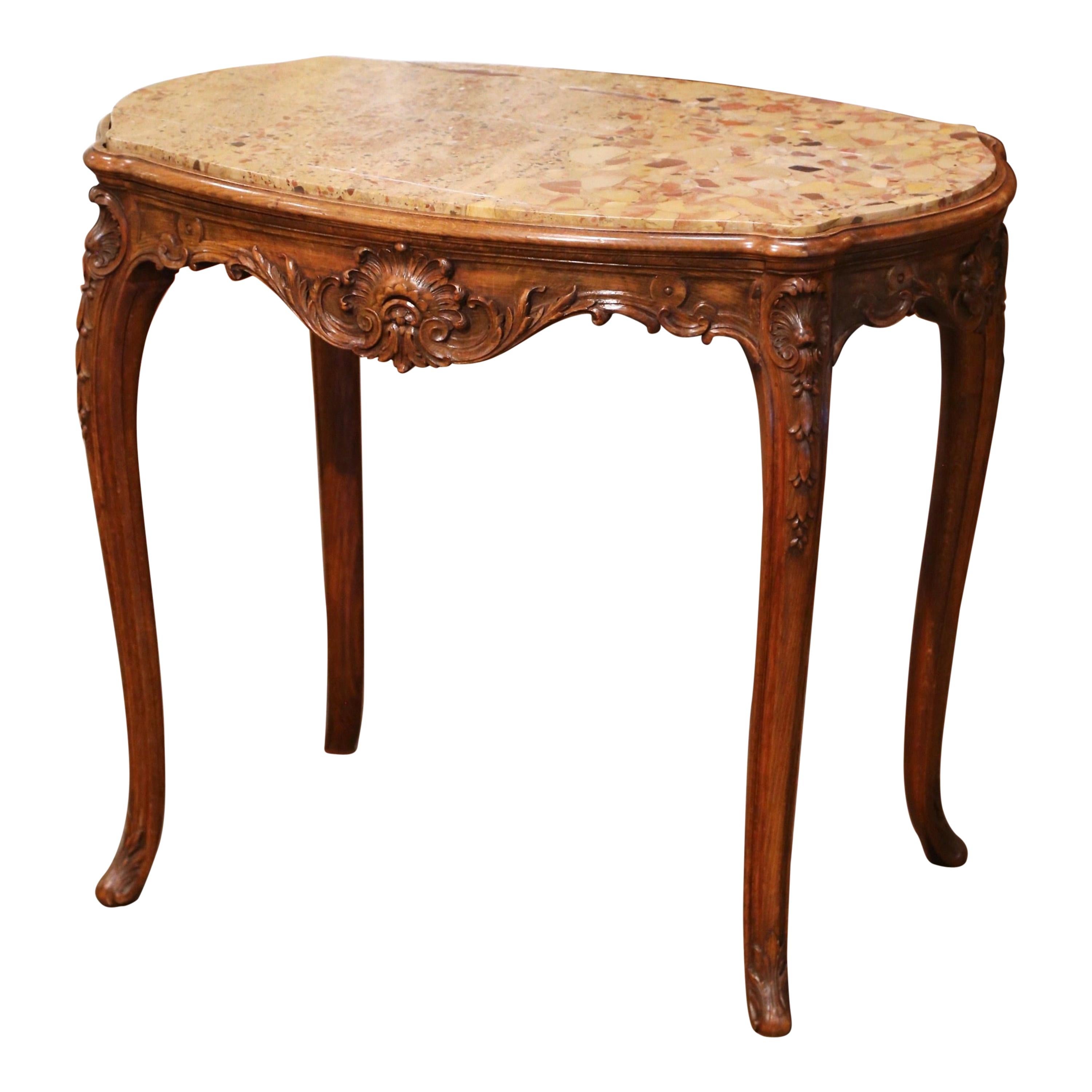 19th Century French Louis XV Carved Oak Side Table with Beige Marble Top