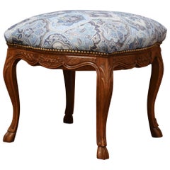 19th Century French Louis XV Carved Oak Stool with Blue Floral Cotton Fabric