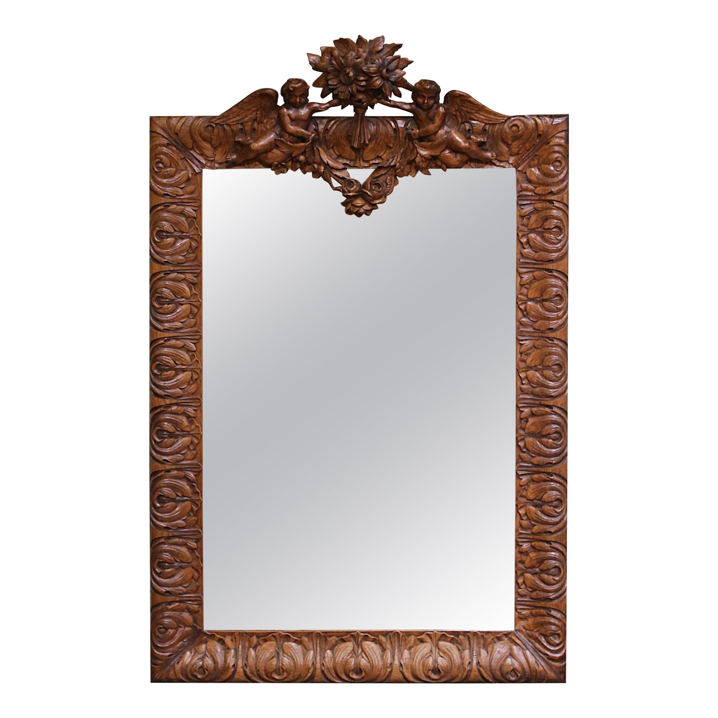 19th Century French Louis XV Carved Oak Wall Mirror with Cherub and Floral Decor