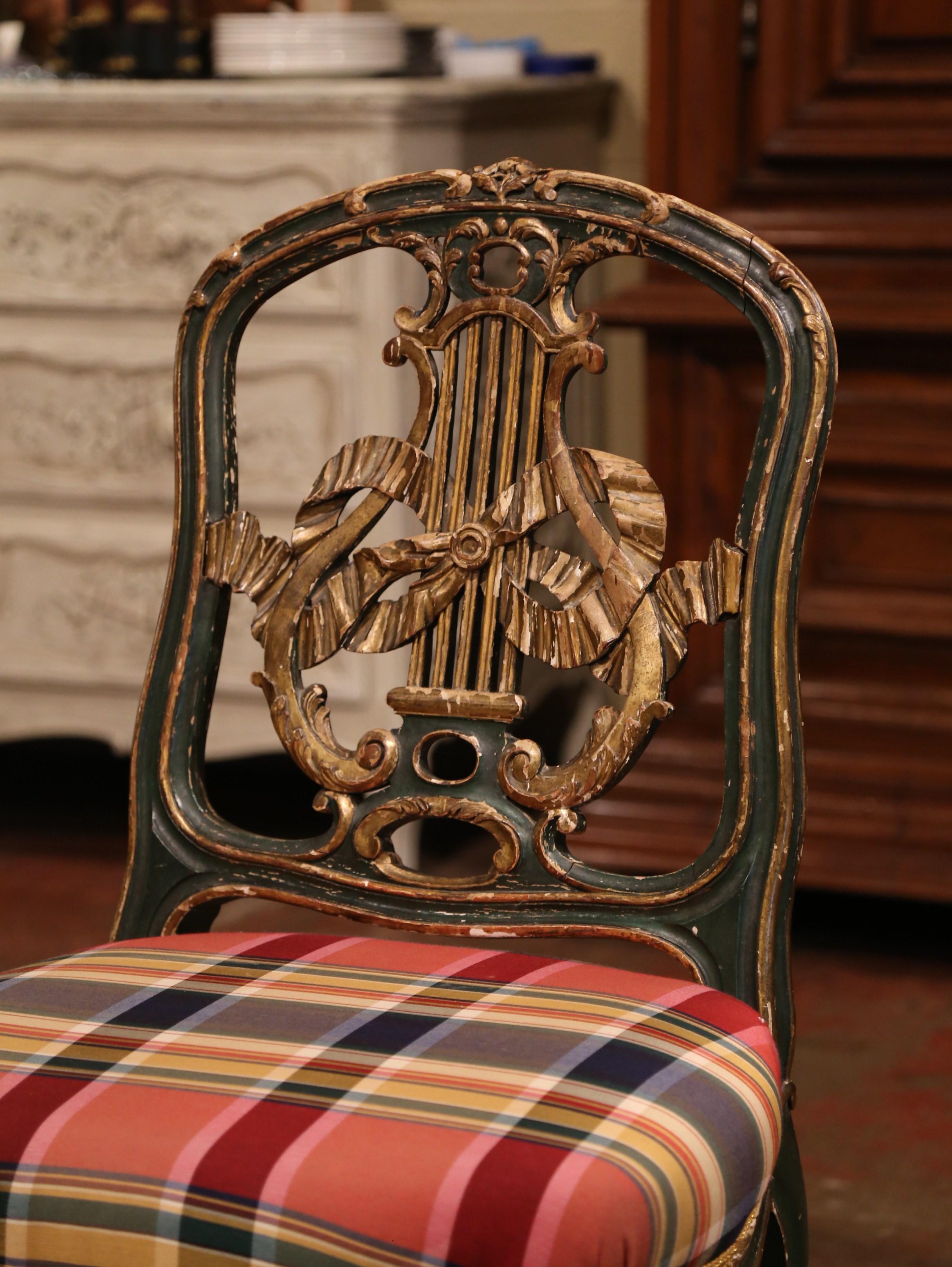 Hand-Carved 19th Century French Louis XV Carved Green Painted and Gilt Vanity Lady Chair For Sale