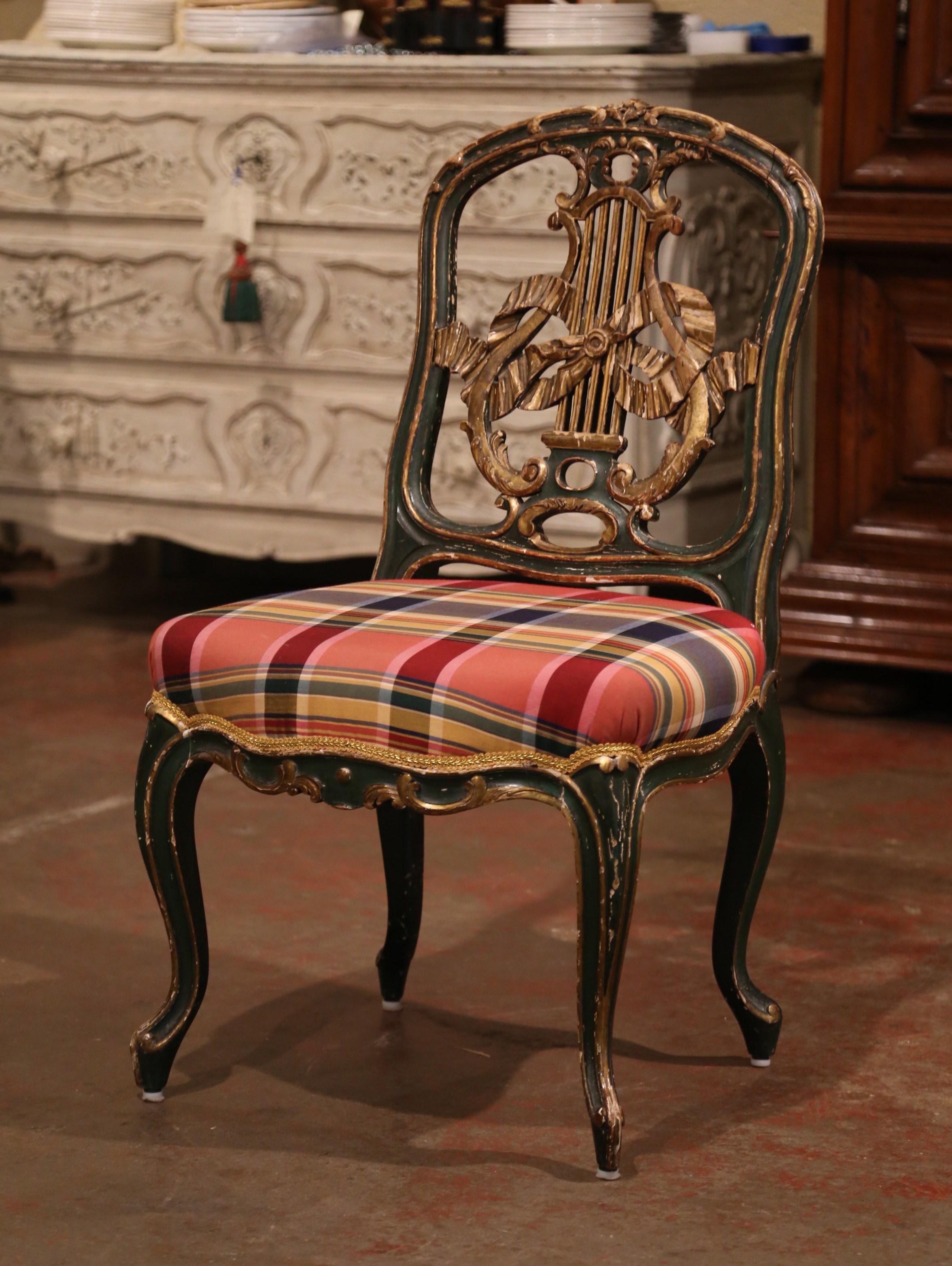 19th Century French Louis XV Carved Green Painted and Gilt Vanity Lady Chair In Excellent Condition For Sale In Dallas, TX