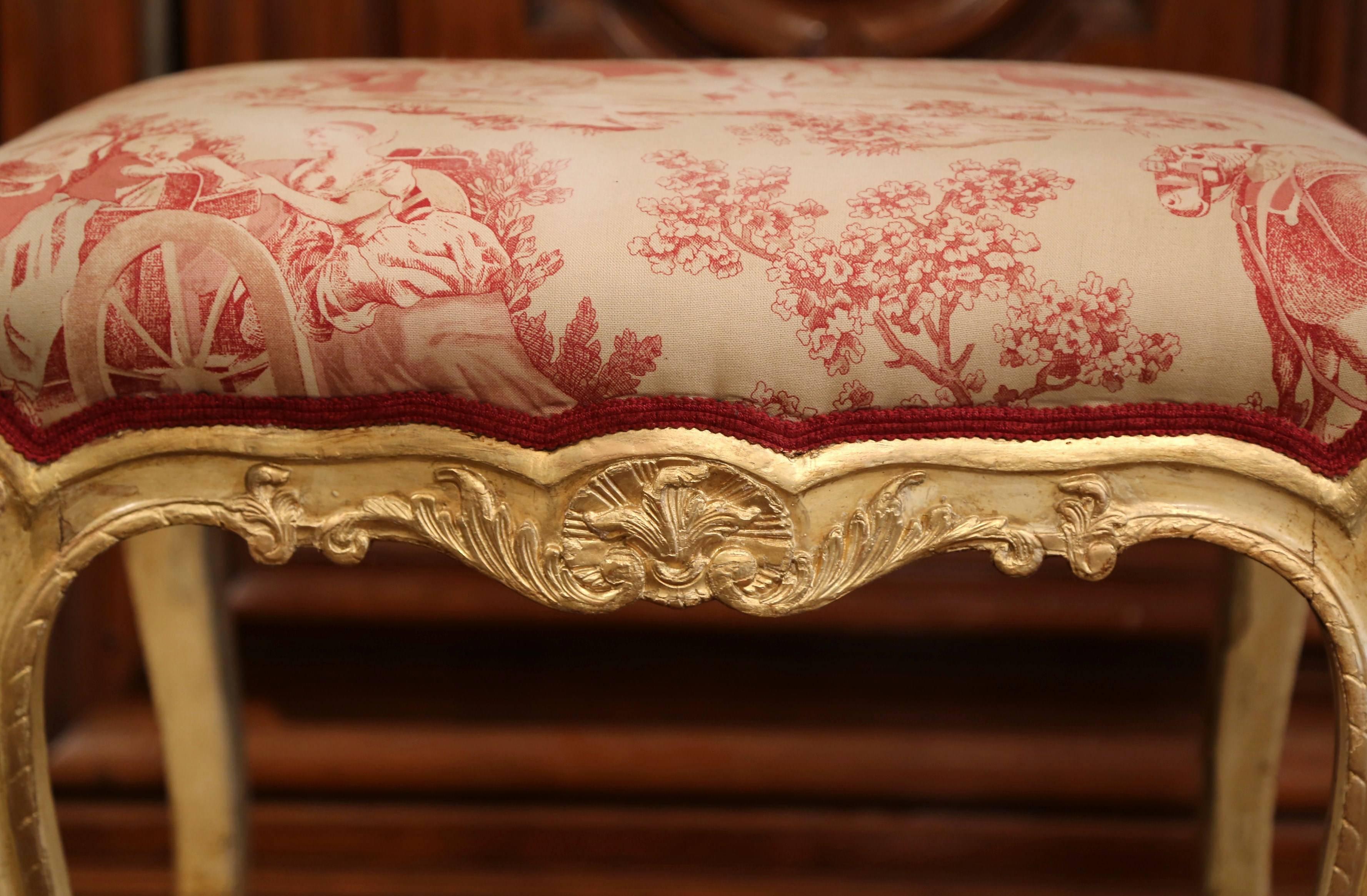 Hand-Carved 19th Century French Louis XV Carved Painted and Gilt Stool with Vintage Toile