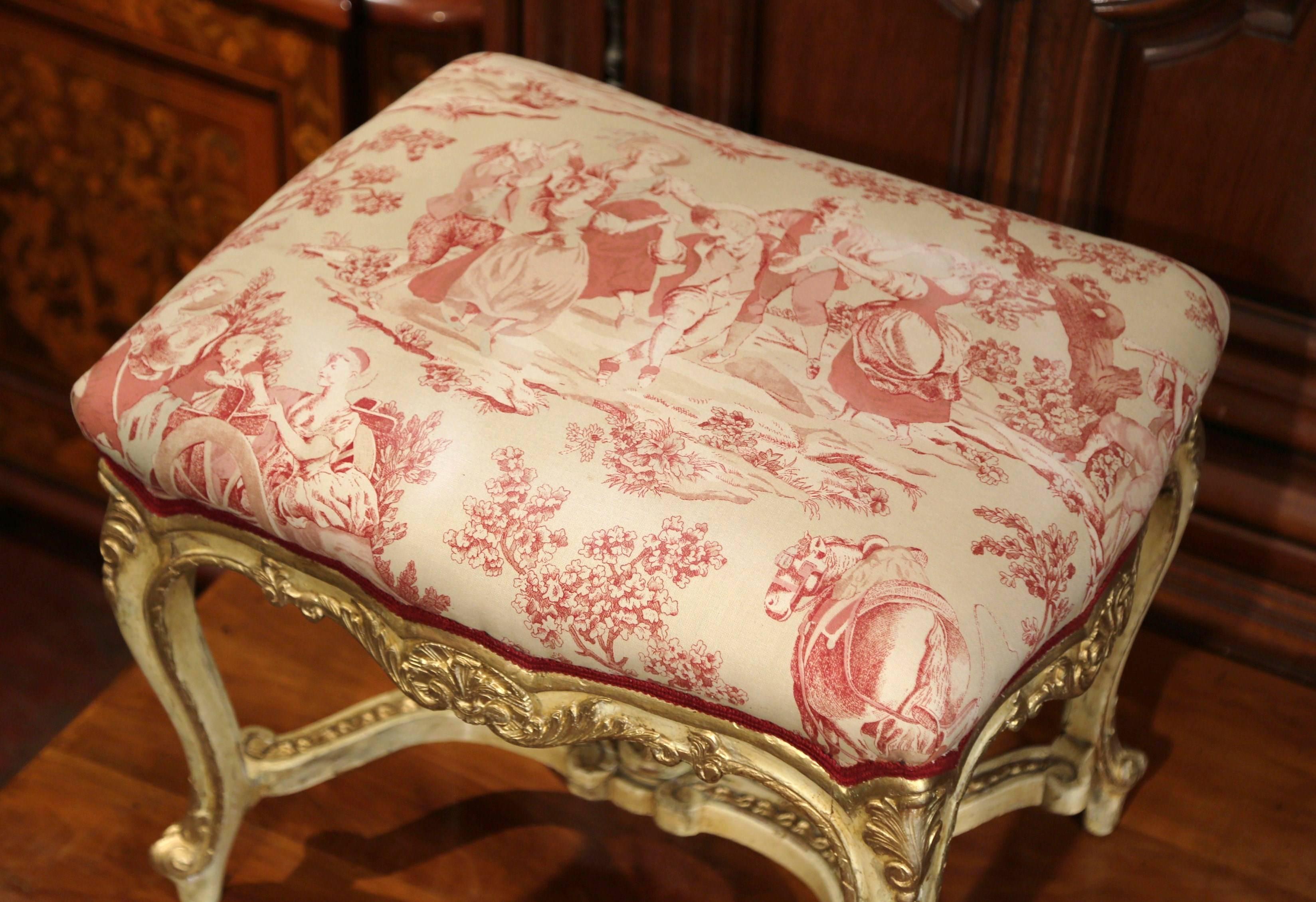 19th Century French Louis XV Carved Painted and Gilt Stool with Vintage Toile In Excellent Condition In Dallas, TX
