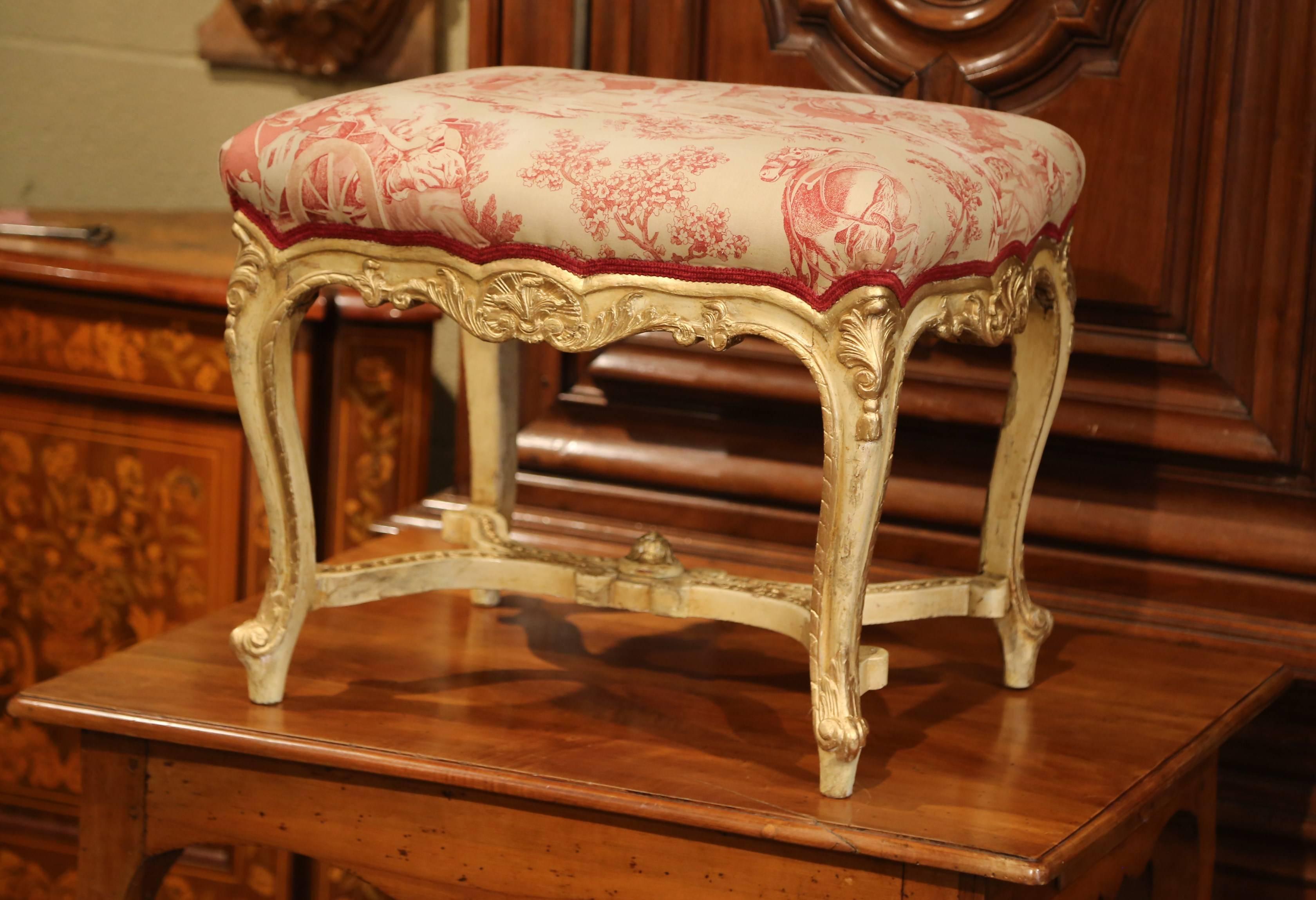 Fabric 19th Century French Louis XV Carved Painted and Gilt Stool with Vintage Toile