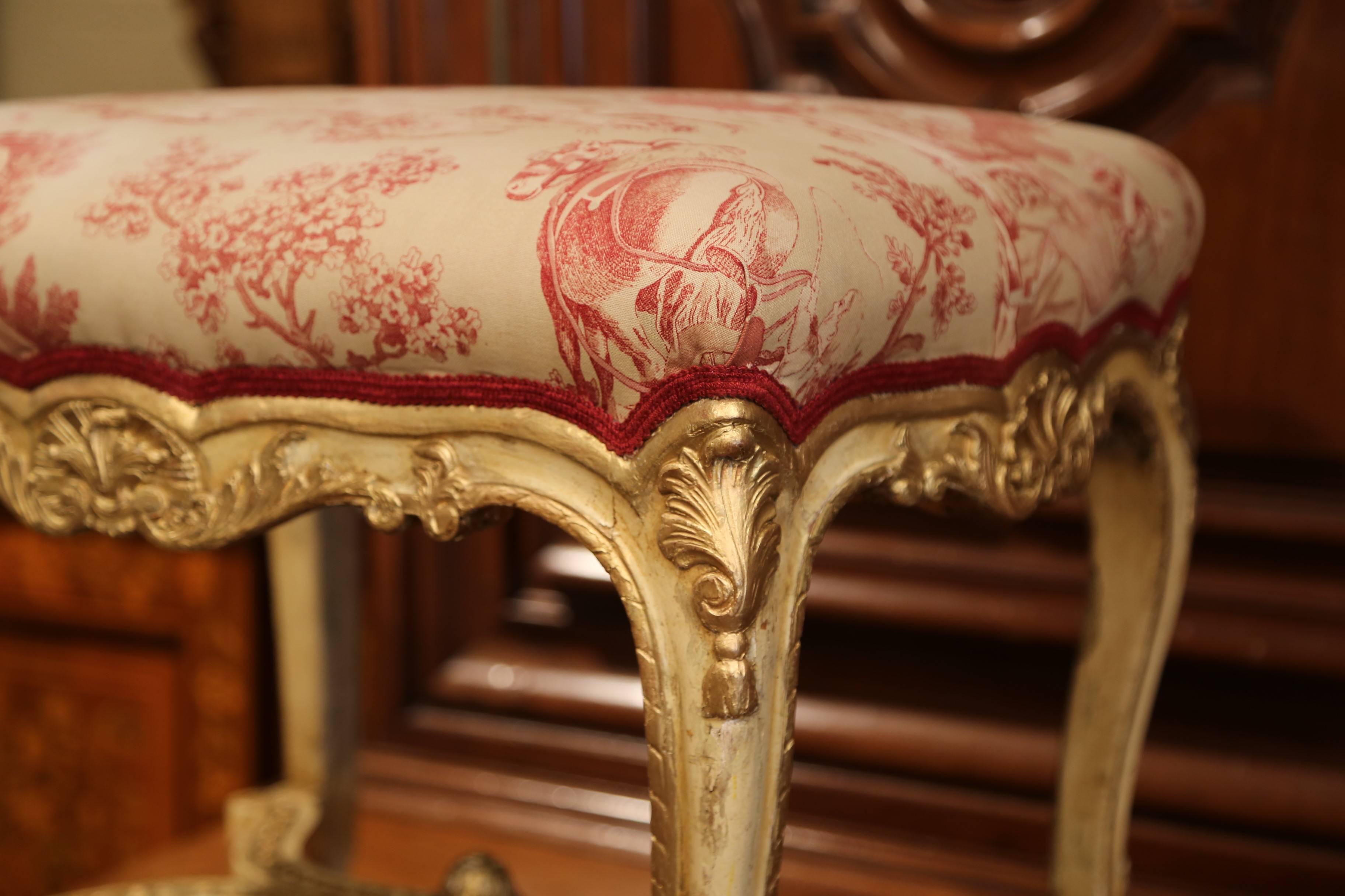 19th Century French Louis XV Carved Painted and Gilt Stool with Vintage Toile 1