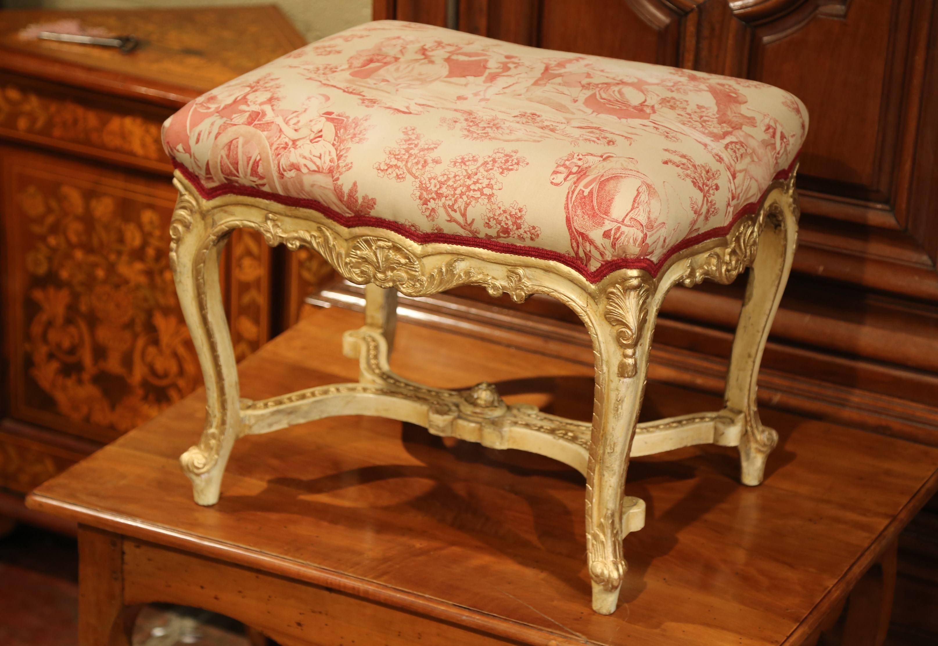 19th Century French Louis XV Carved Painted and Gilt Stool with Vintage Toile 2