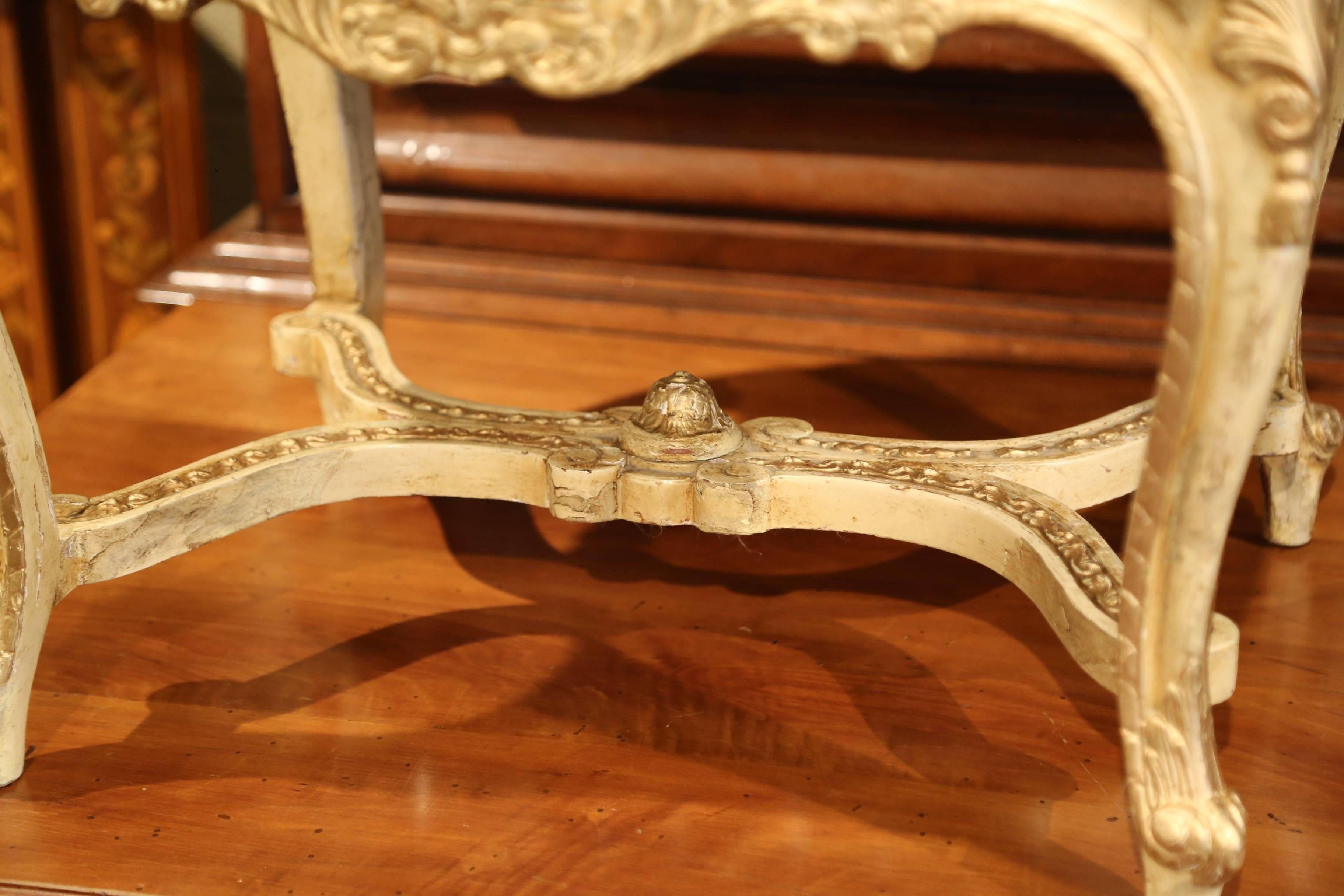 19th Century French Louis XV Carved Painted and Gilt Stool with Vintage Toile 4