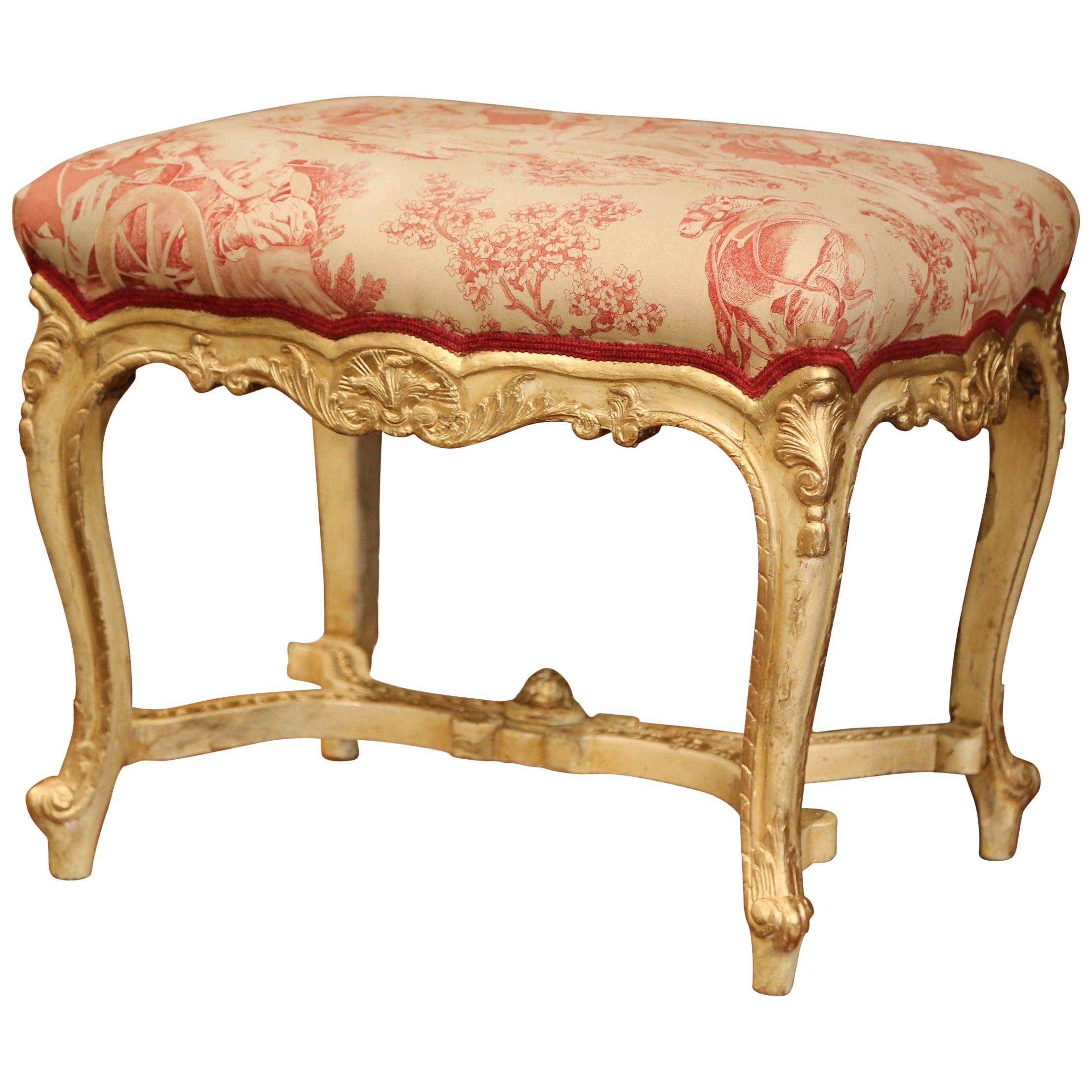 19th Century French Louis XV Carved Painted and Gilt Stool with Vintage Toile