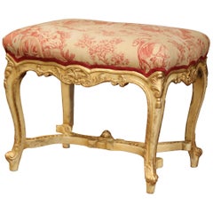 19th Century French Louis XV Carved Painted and Gilt Stool with Antique Toile