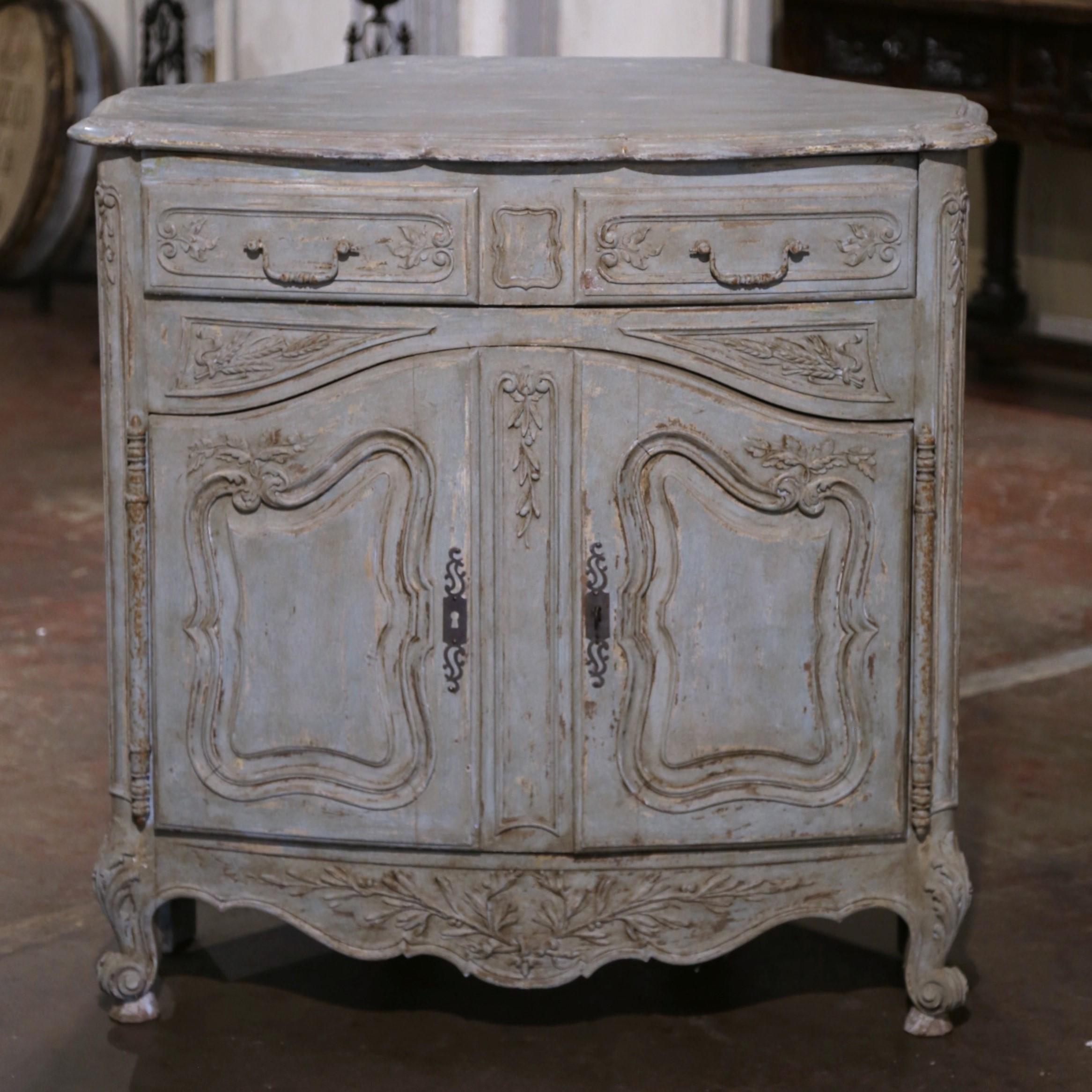 Oak 19th Century French Louis XV Carved Painted Corner Cabinet from Provence For Sale