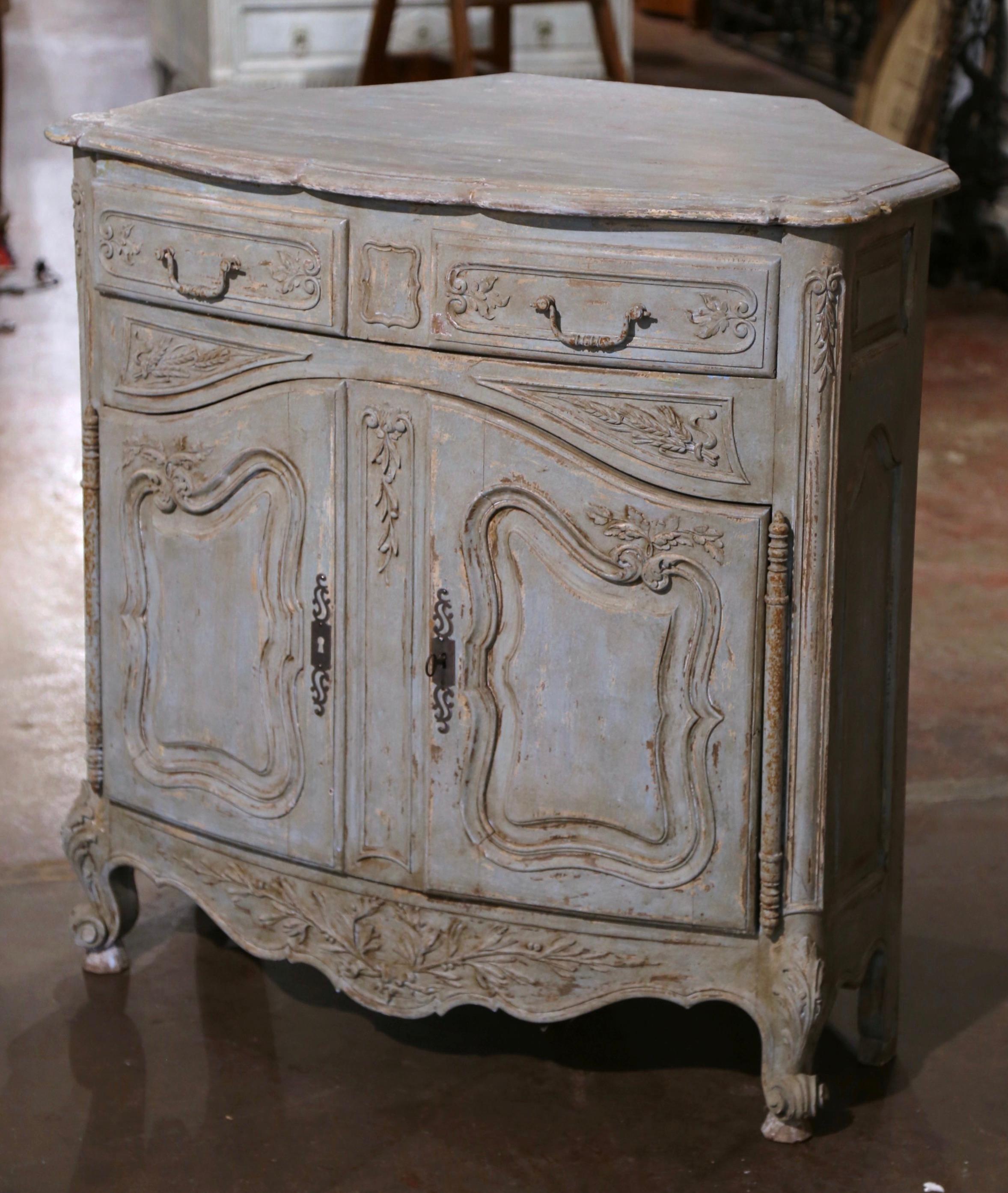 19th Century French Louis XV Carved Painted Corner Cabinet from Provence For Sale 1