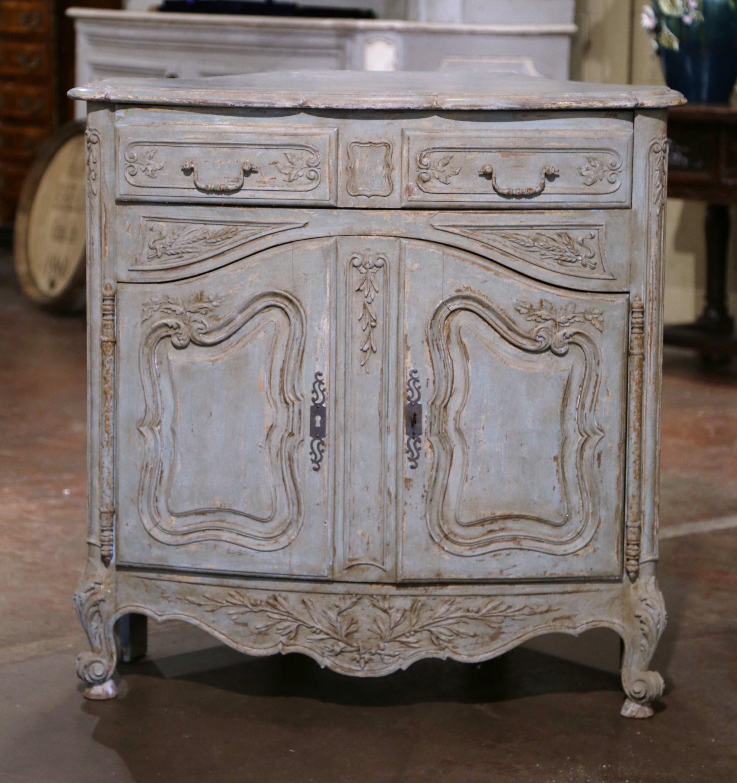 19th Century French Louis XV Carved Painted Corner Cabinet from Provence For Sale 2