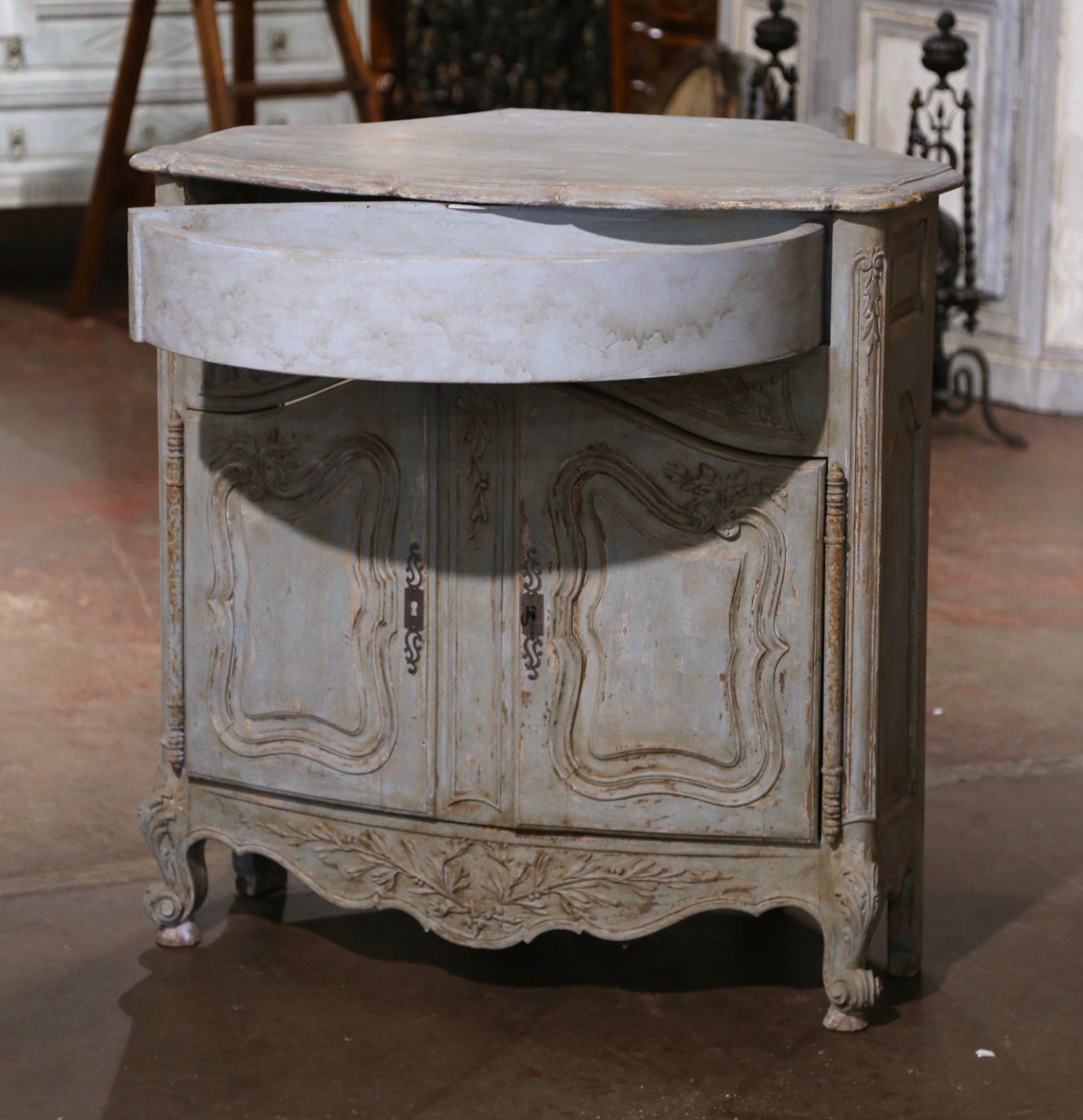 19th Century French Louis XV Carved Painted Corner Cabinet from Provence For Sale 3