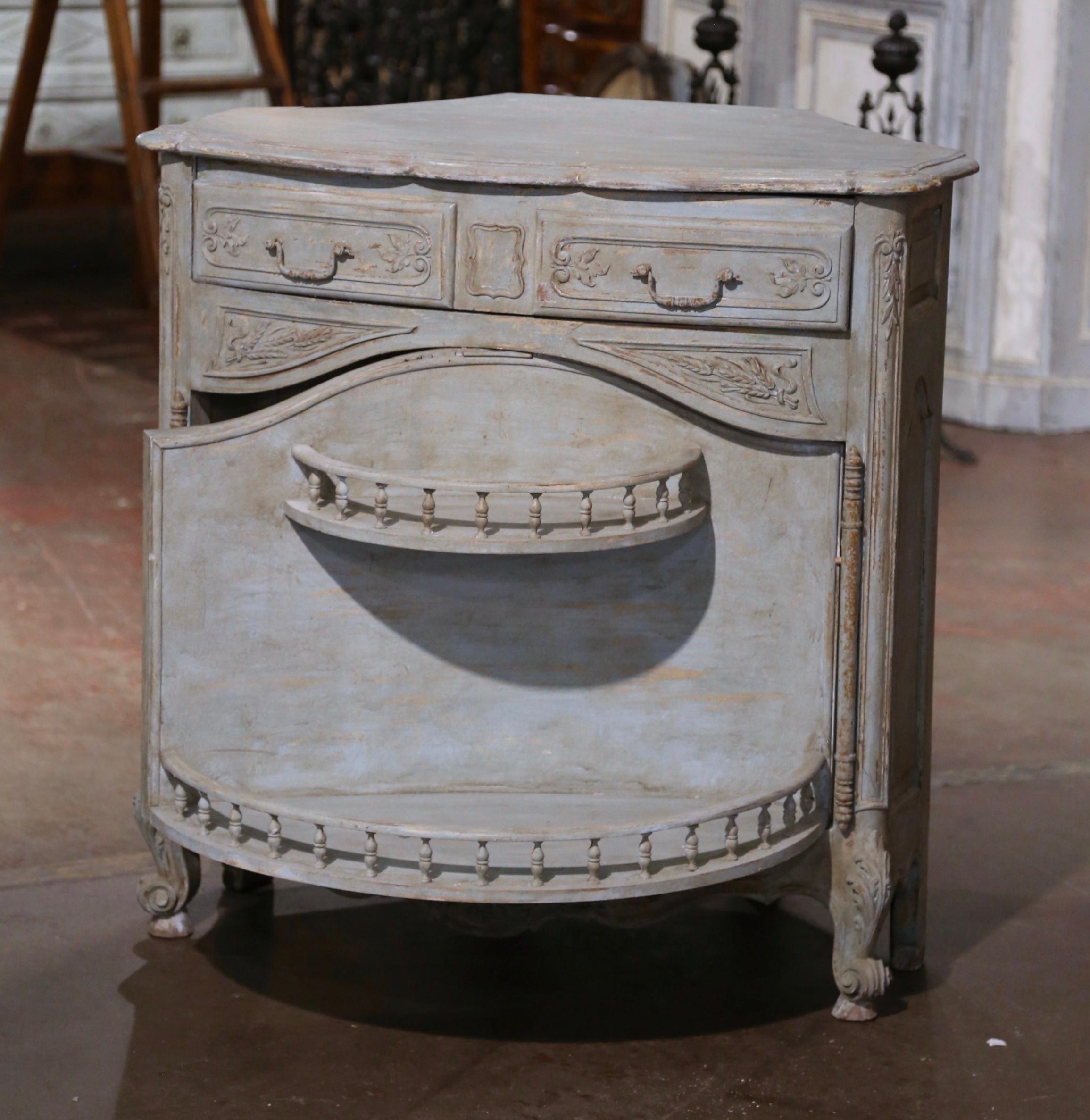 19th Century French Louis XV Carved Painted Corner Cabinet from Provence For Sale 4