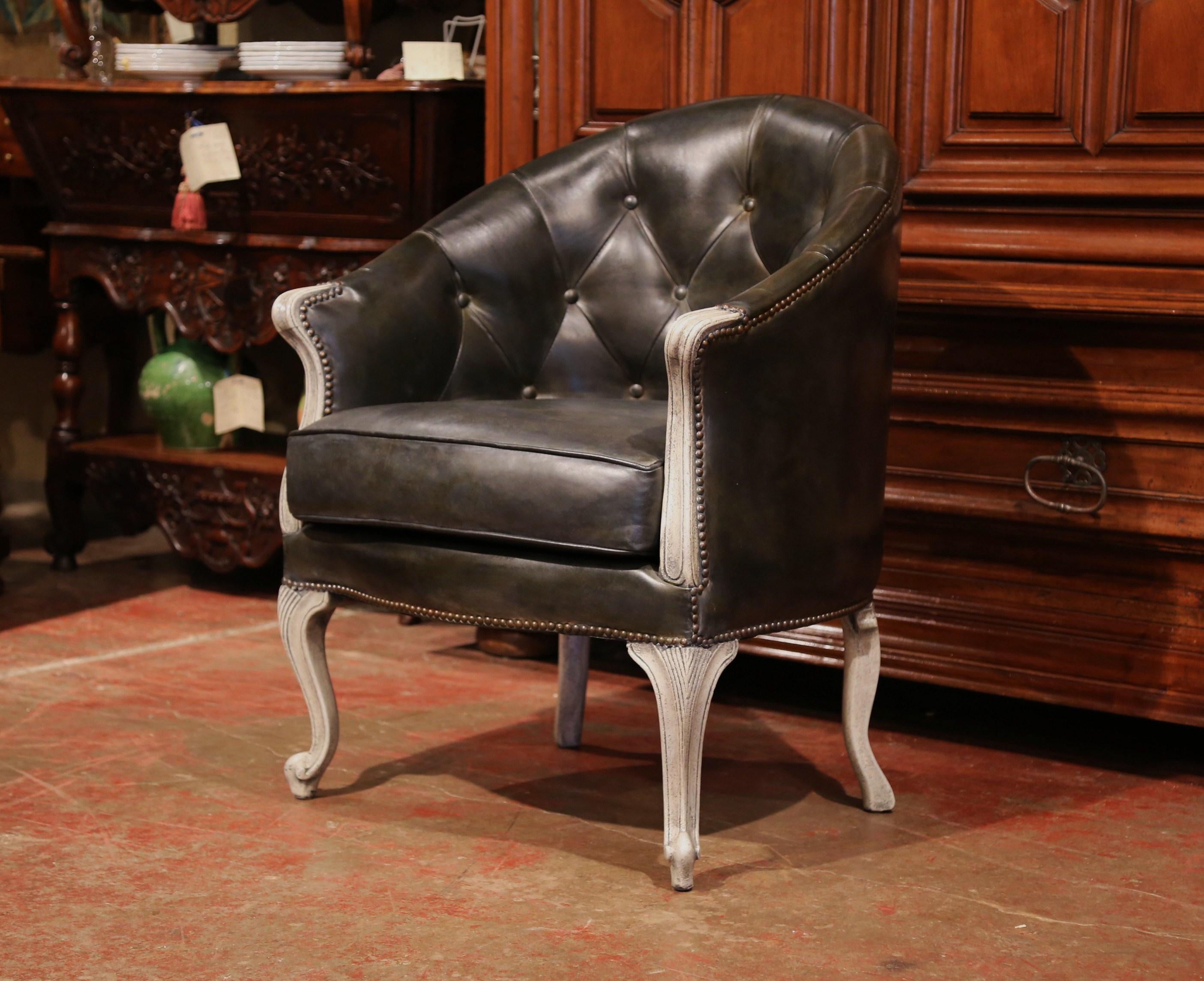19th Century French Louis XV Carved Painted Desk Armchair with Green Leather In Excellent Condition In Dallas, TX
