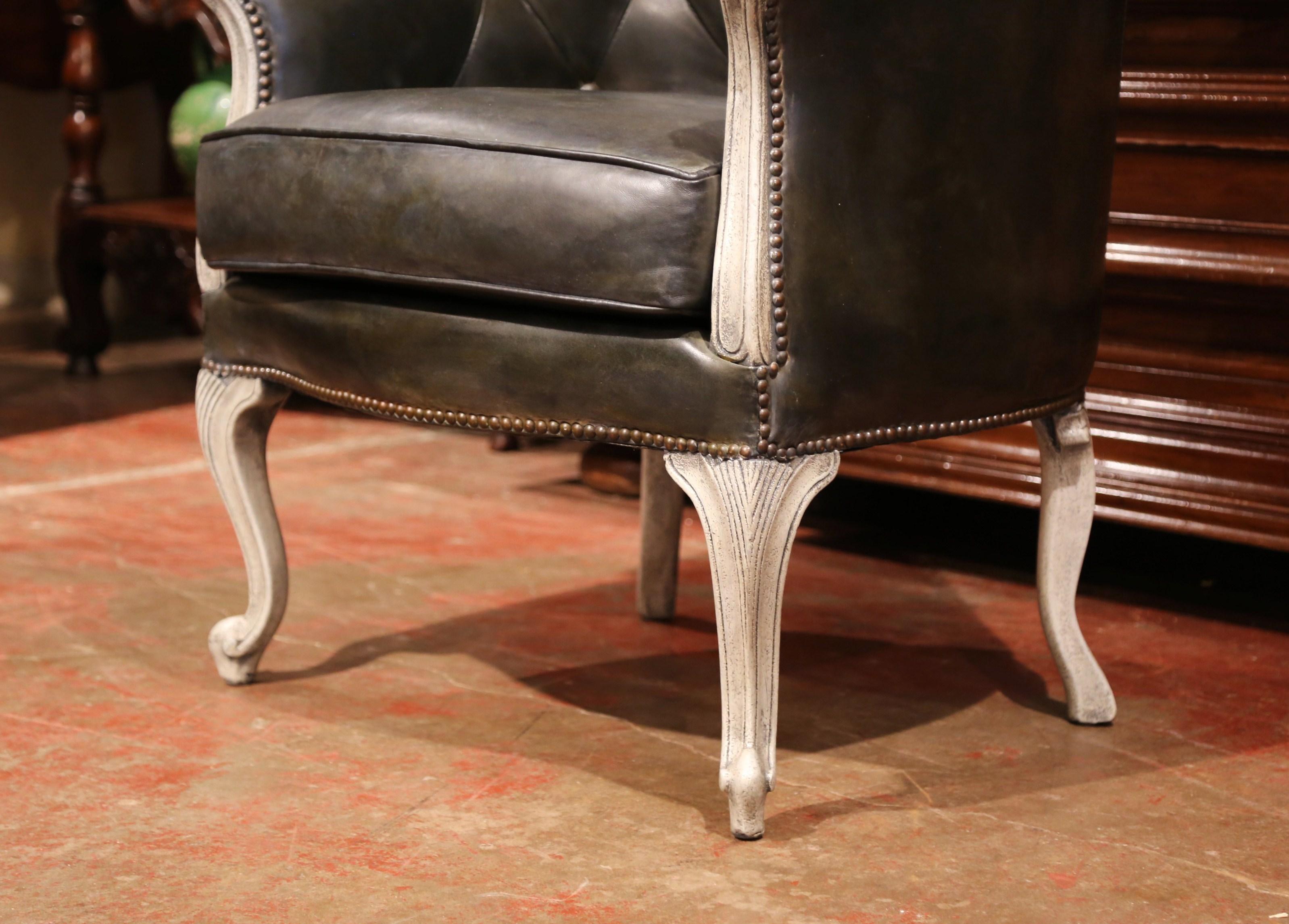 19th Century French Louis XV Carved Painted Desk Armchair with Green Leather 3