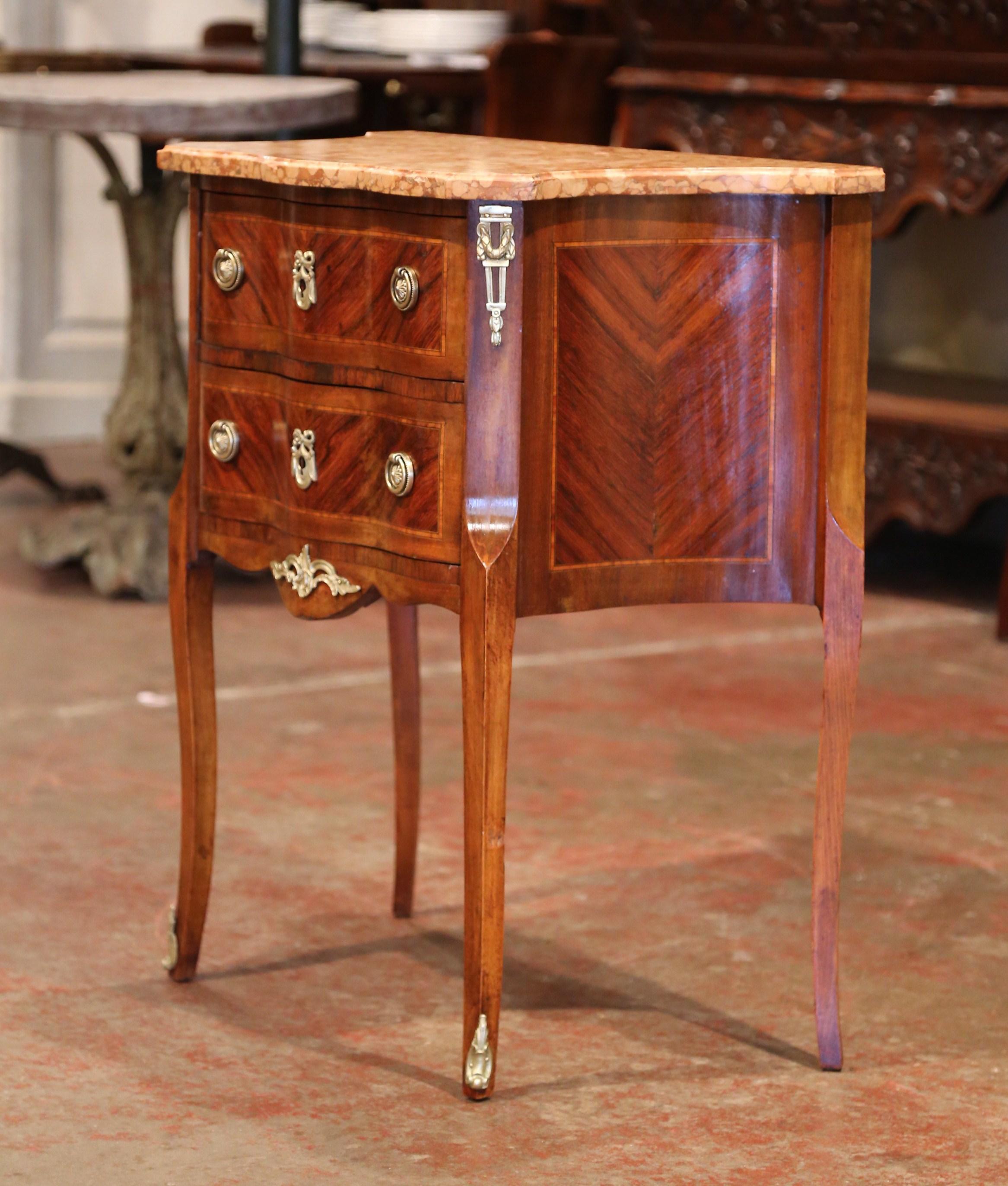 Patinated 19th Century French Louis XV Carved Rosewood Inlay Commode with Beige Marble Top